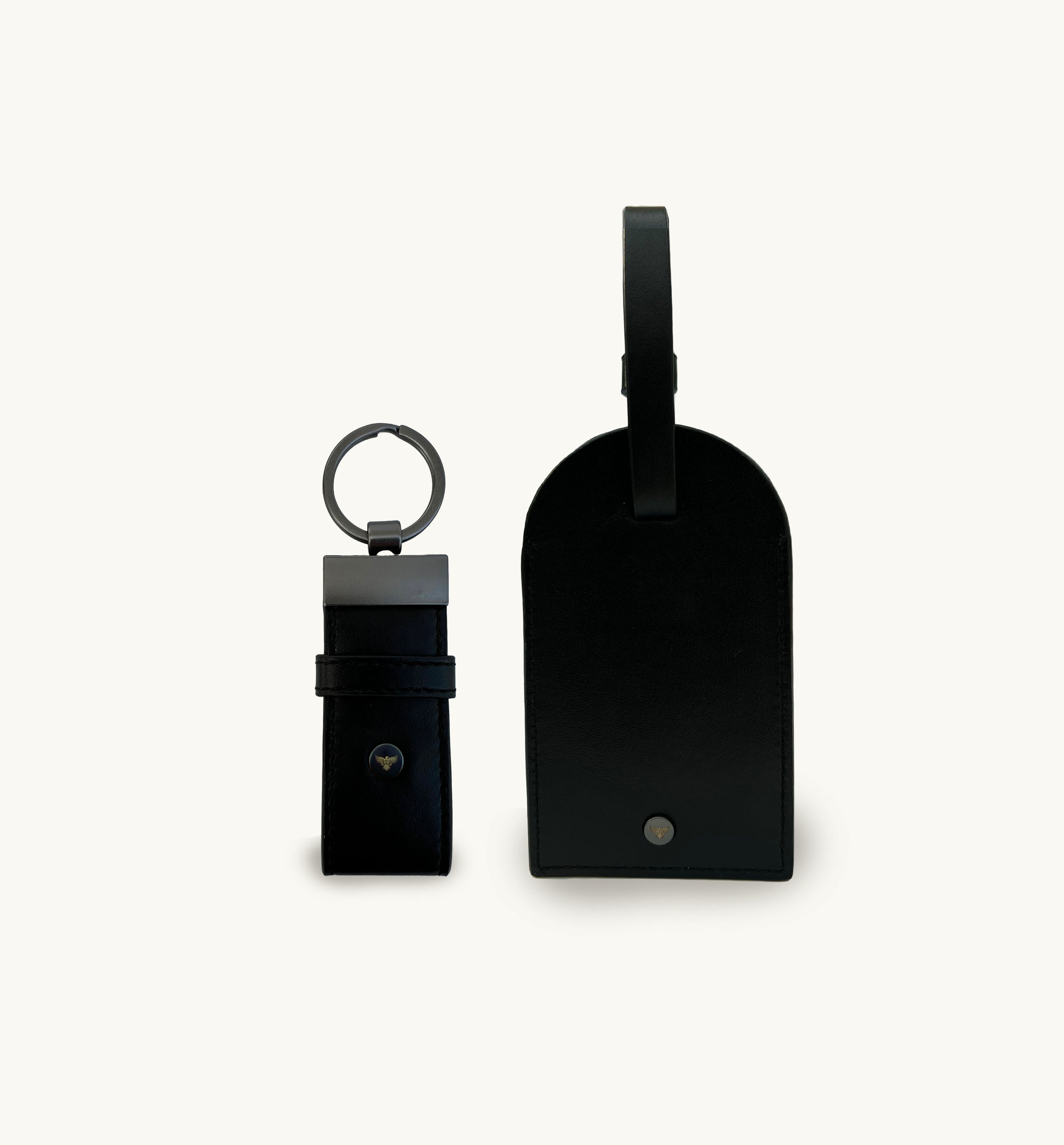 Black Leather Luggage Tag and Loop Keyring Gift Set