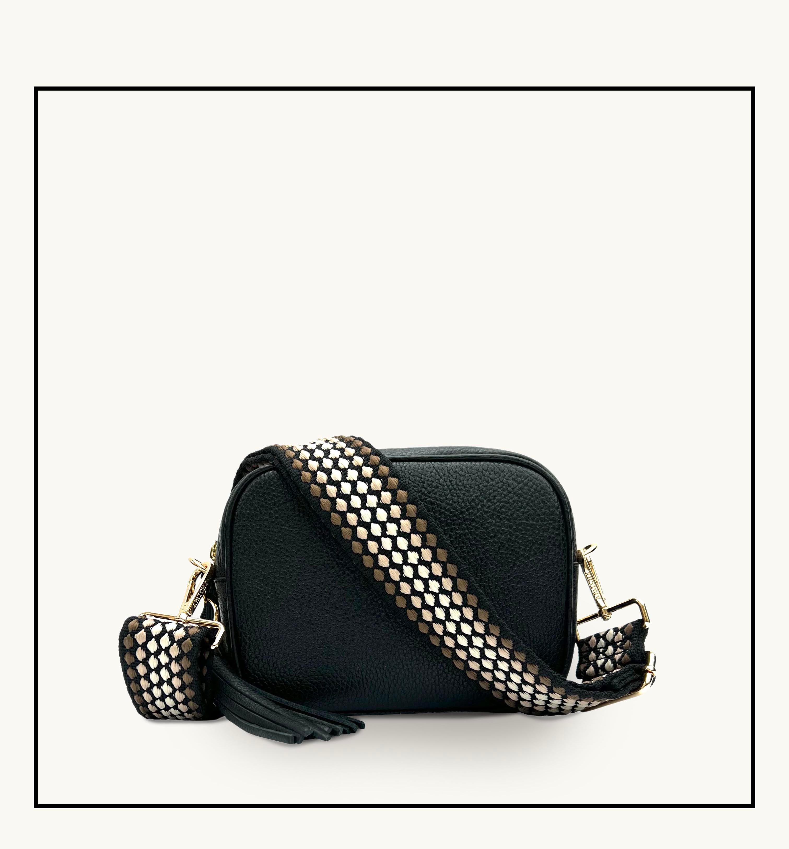 The Tassel Black Leather Crossbody Bag With Cappuccino Dots Strap