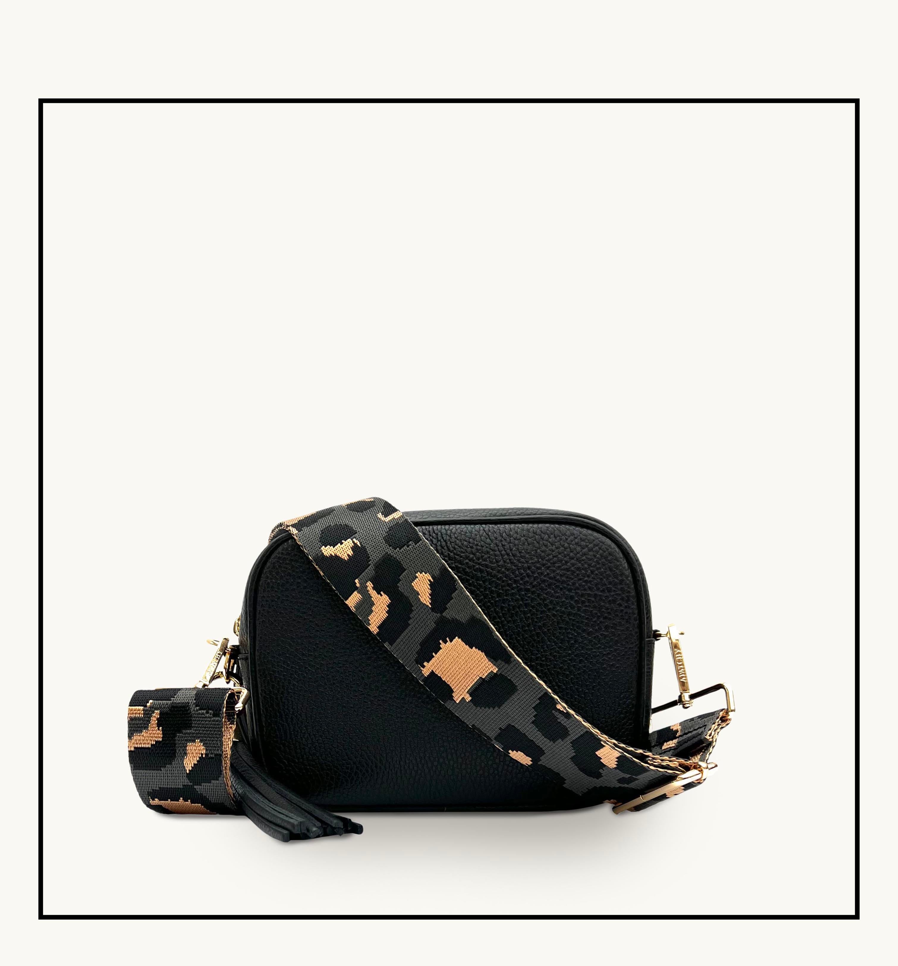 The Tassel Black Leather Crossbody Bag With Grey Leopard Strap