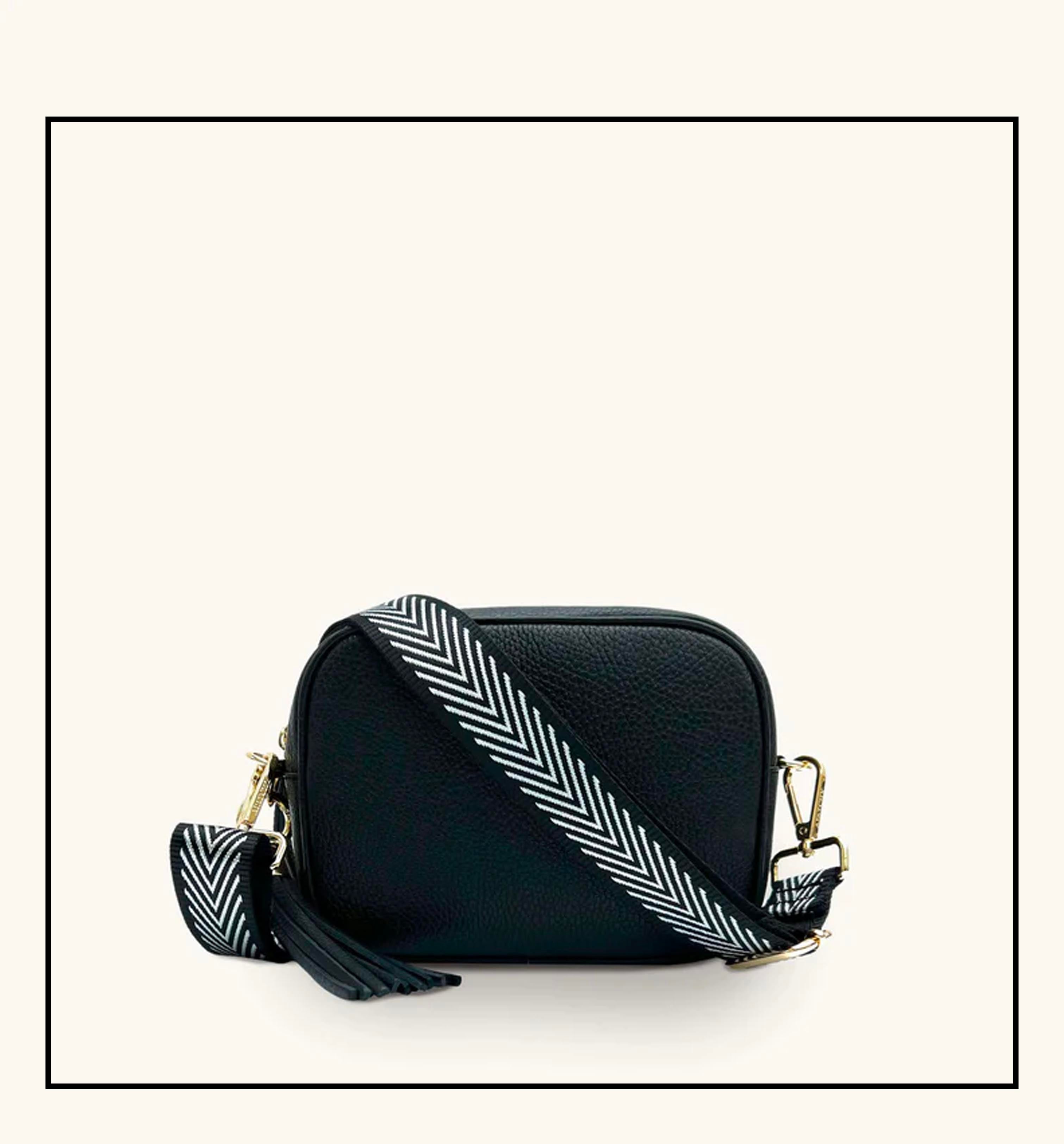 The Tassel Black Leather Crossbody Bag With Black & Silver Chevron Strap