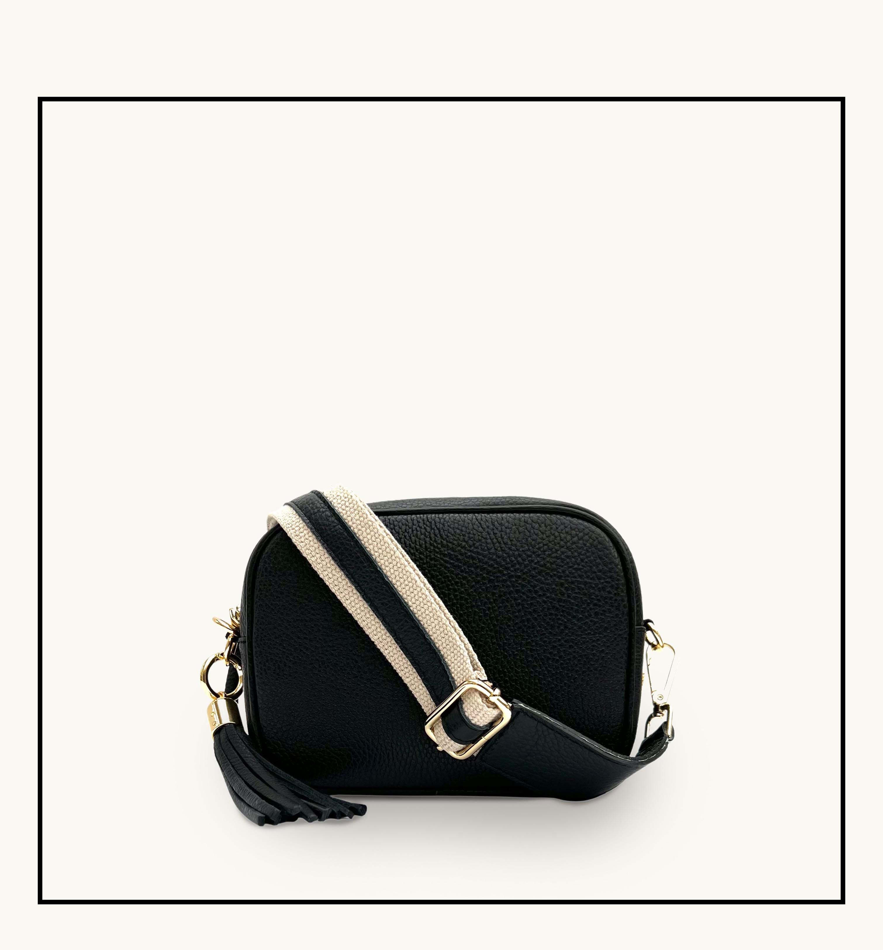 The Tassel Black Leather Crossbody Bag With Leather & Canvas Strap