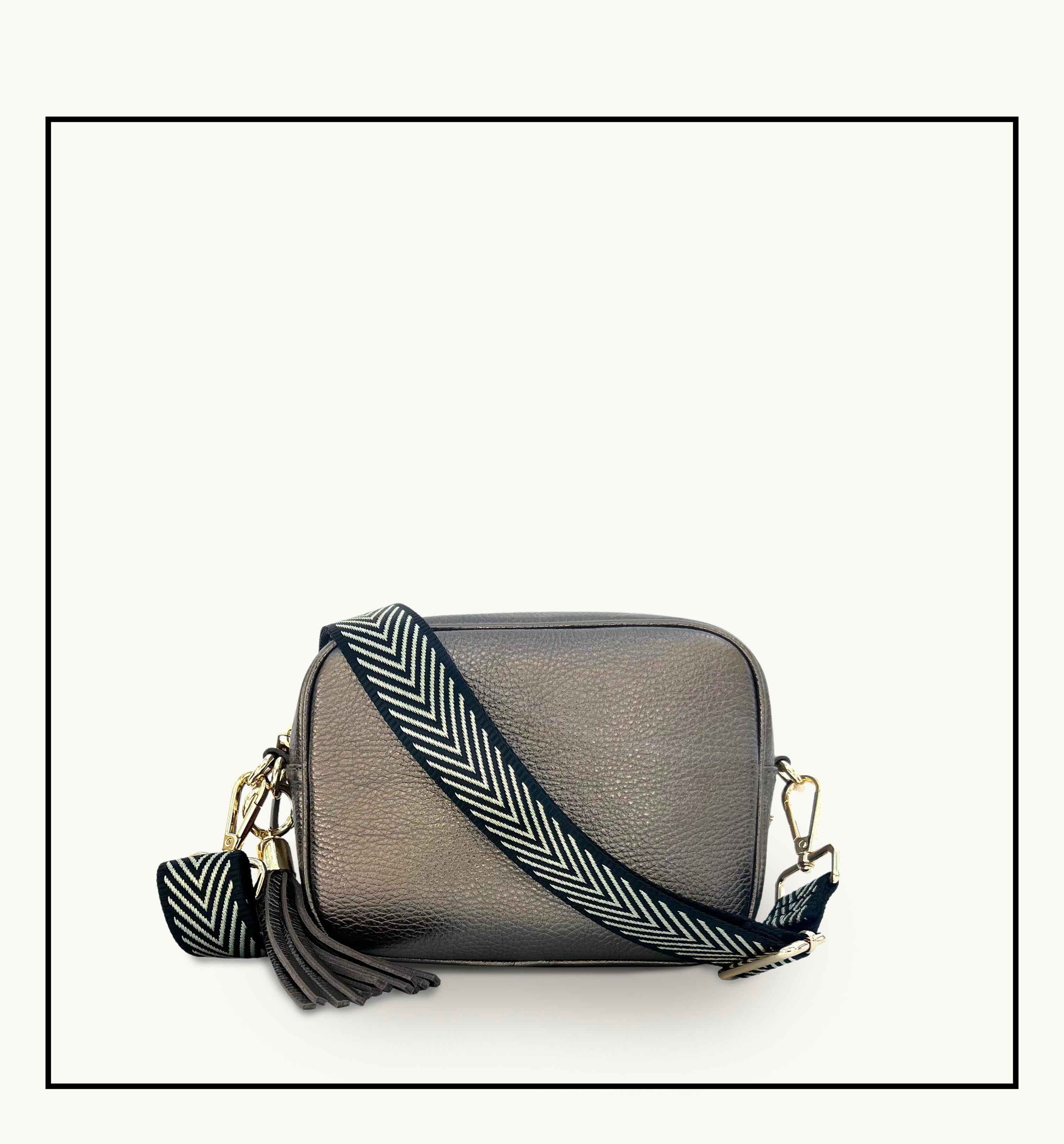 The Tassel Bronze Leather Crossbody Bag With Black & Gold Chevron Strap