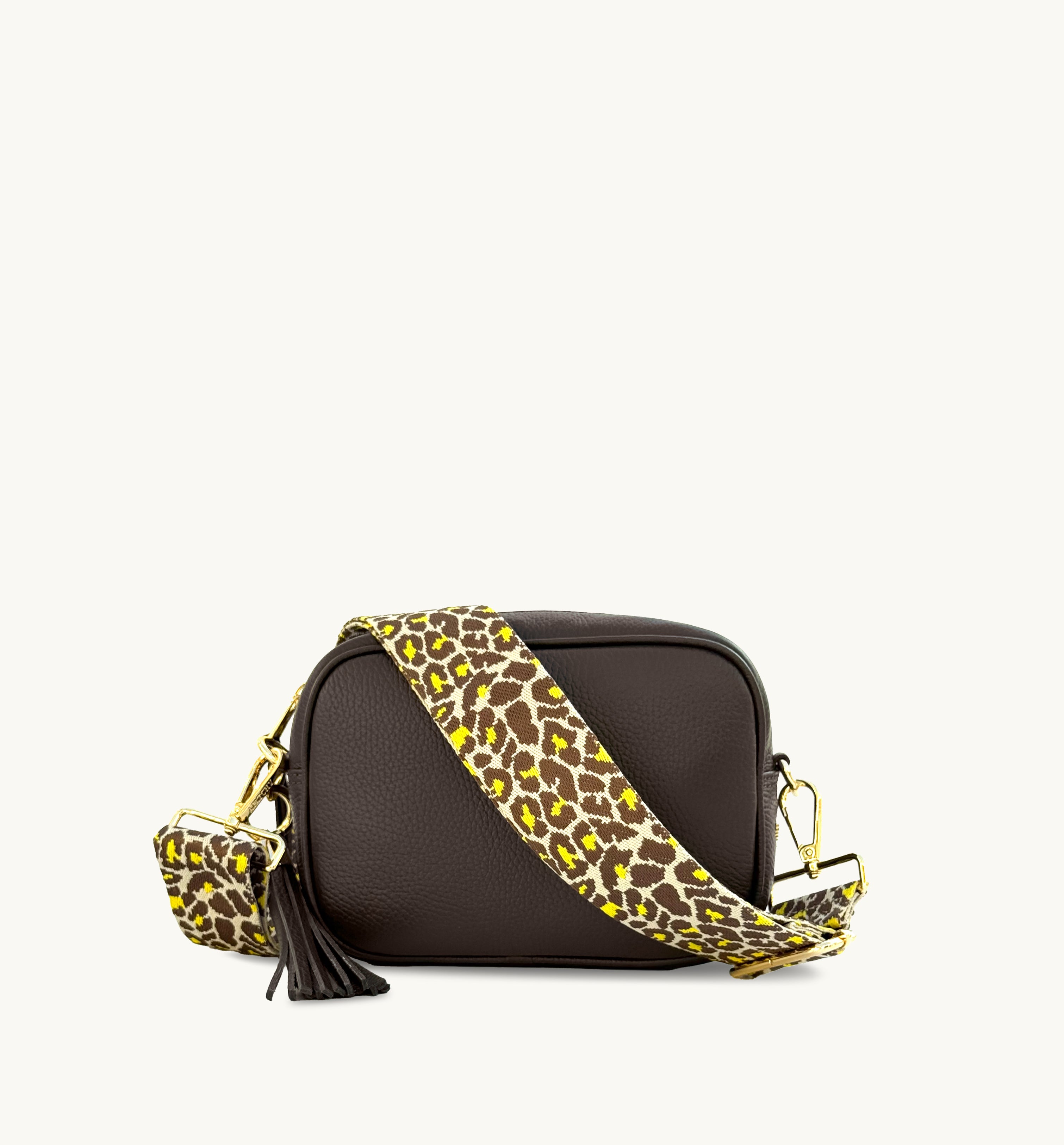 The Tassel Chocolate Leather Crossbody Bag With Lemon Cheetah Strap