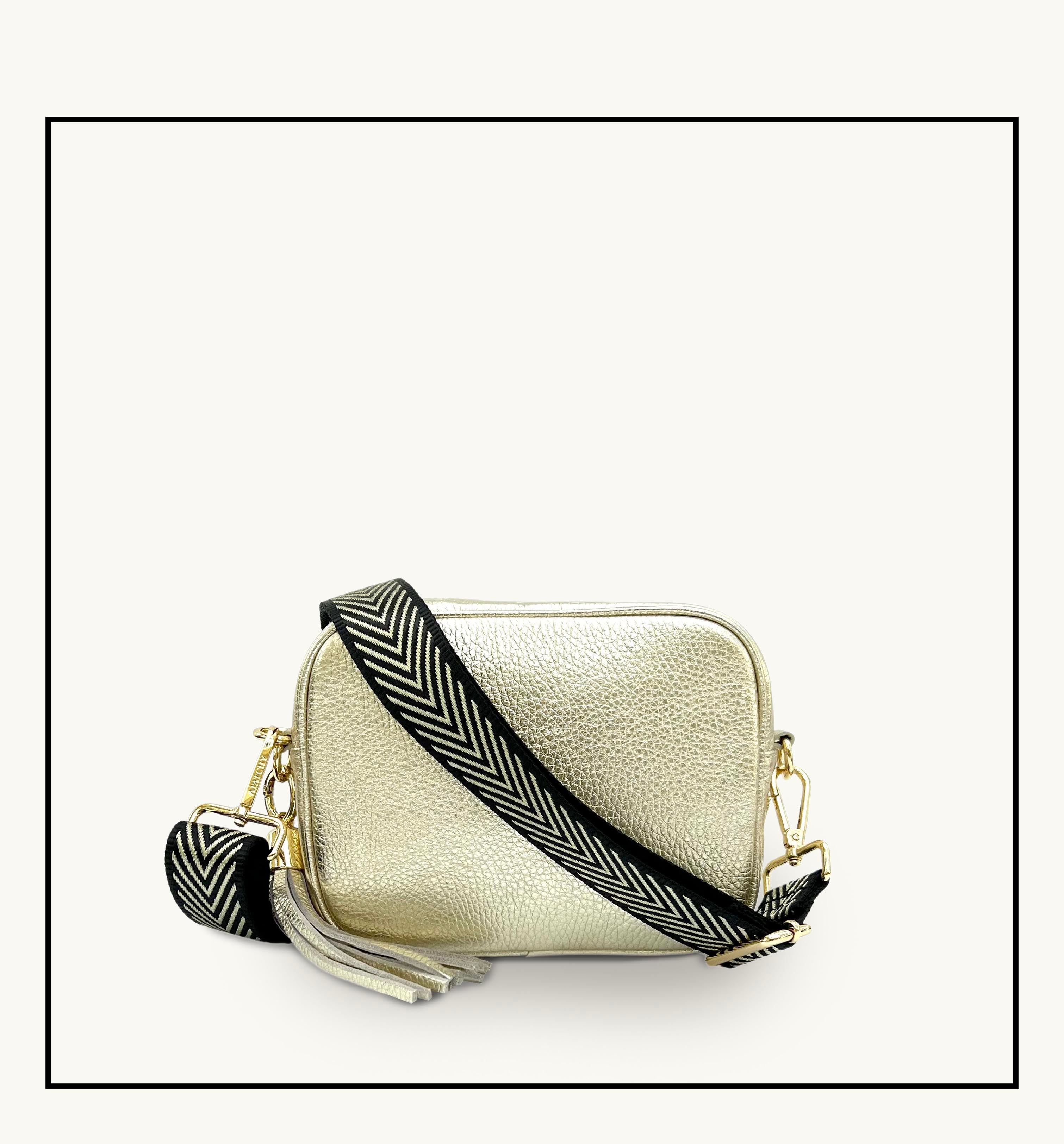 The Tassel Gold Leather Crossbody Bag With Black & Gold Chevron Strap