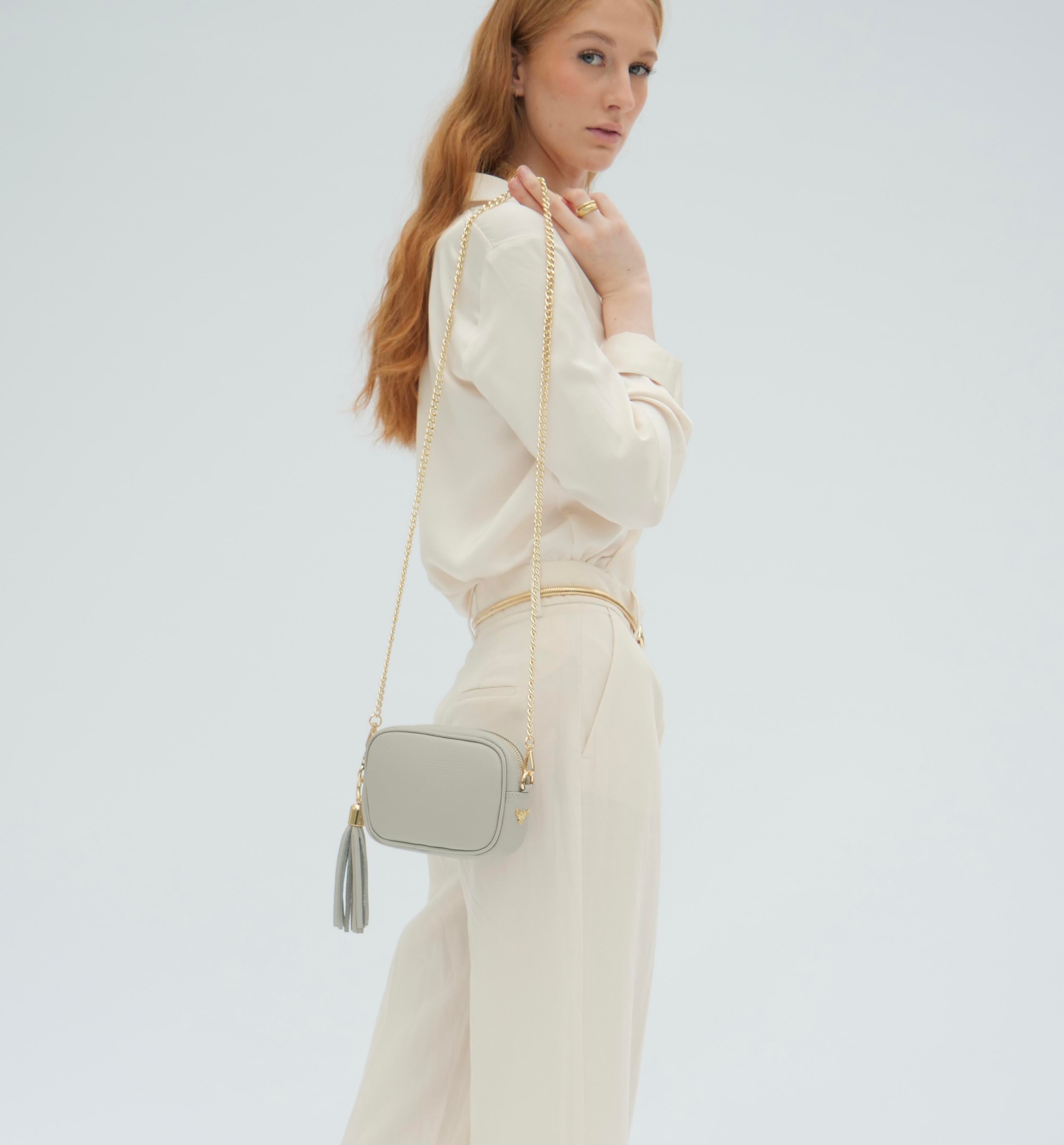 The Mini Tassel Light Grey Leather Phone Bag