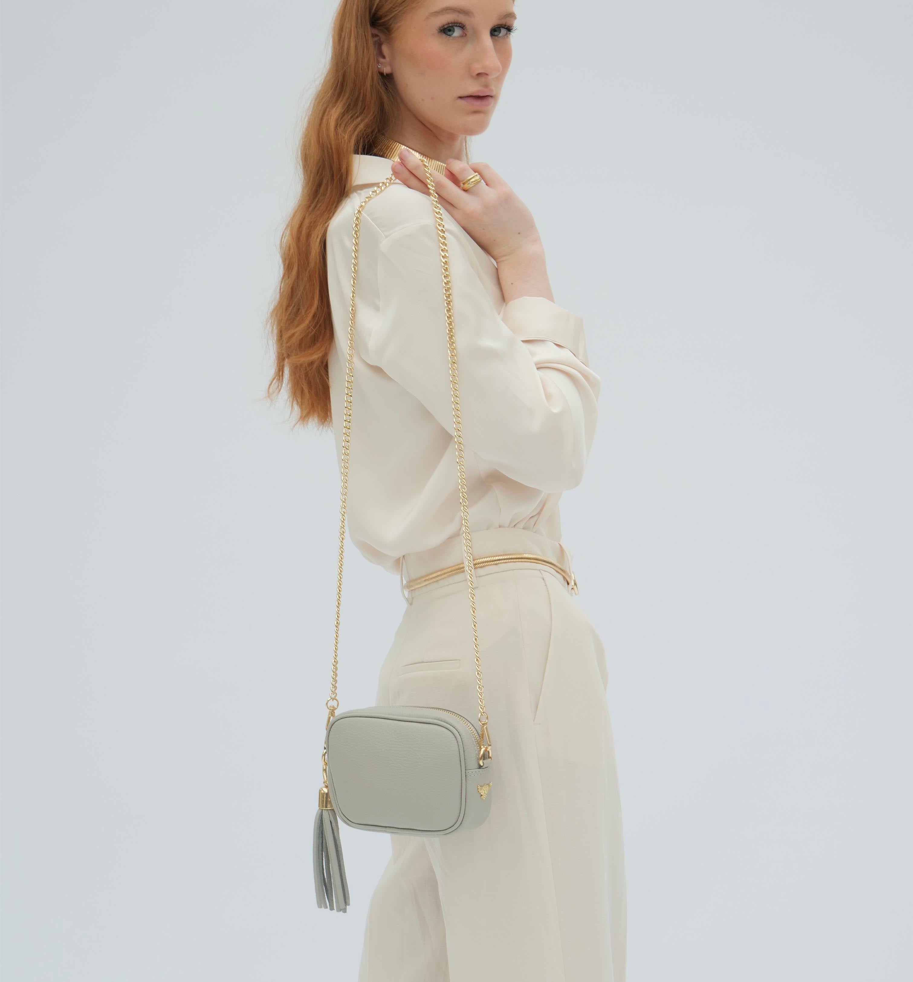 The Mini Tassel Light Grey Leather Phone Bag