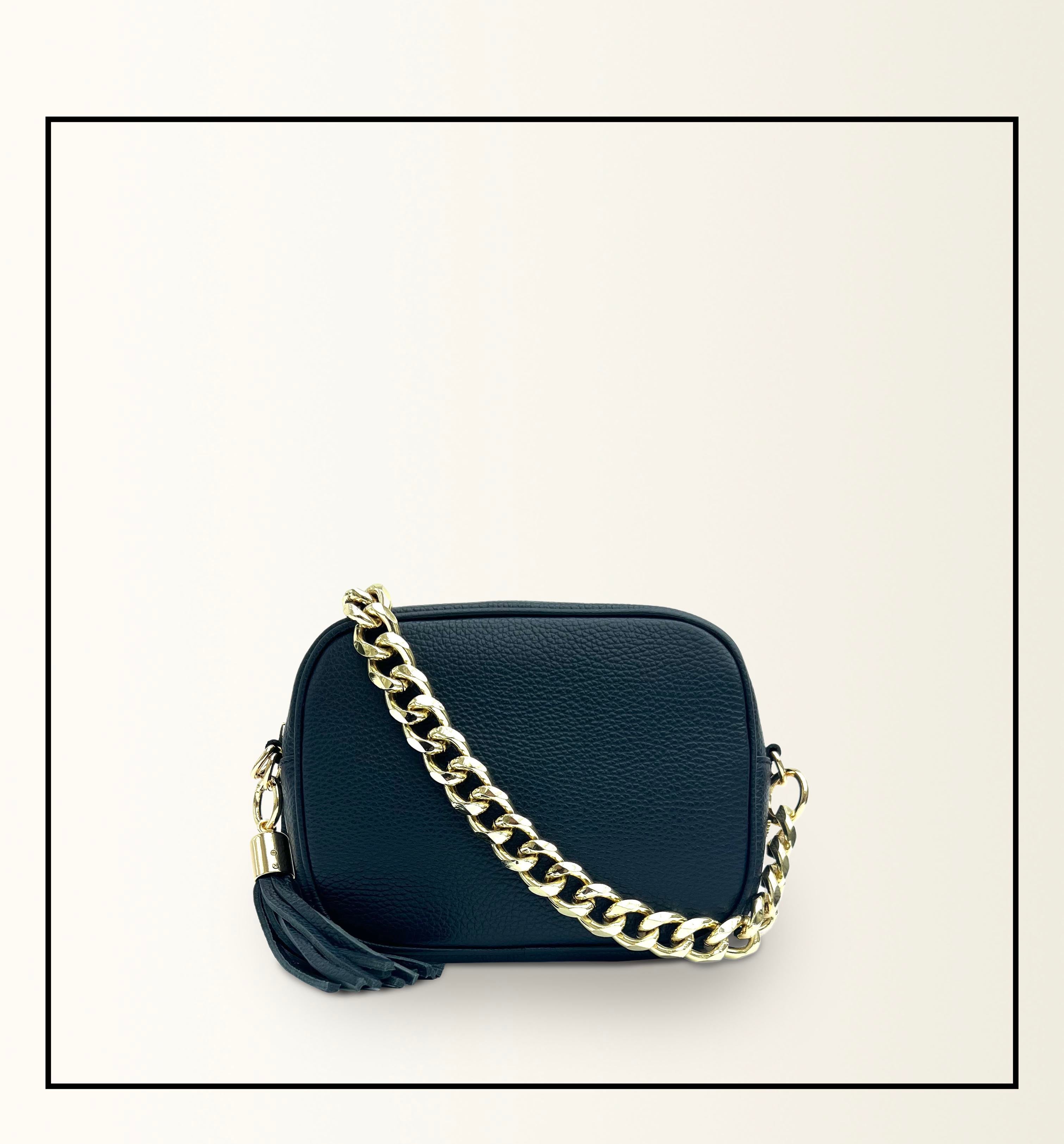 The Tassel Navy Leather Crossbody Bag With Gold Chain Strap