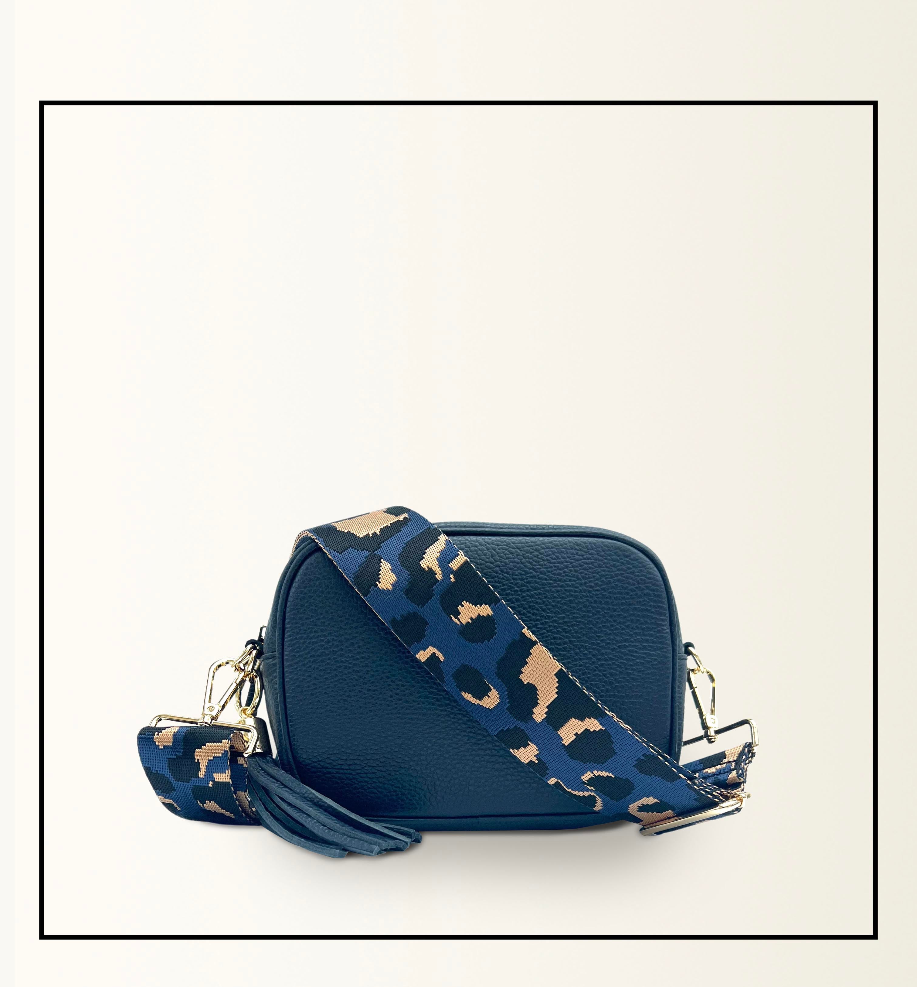 The Tassel Navy Leather Crossbody Bag With Grey Leopard Strap