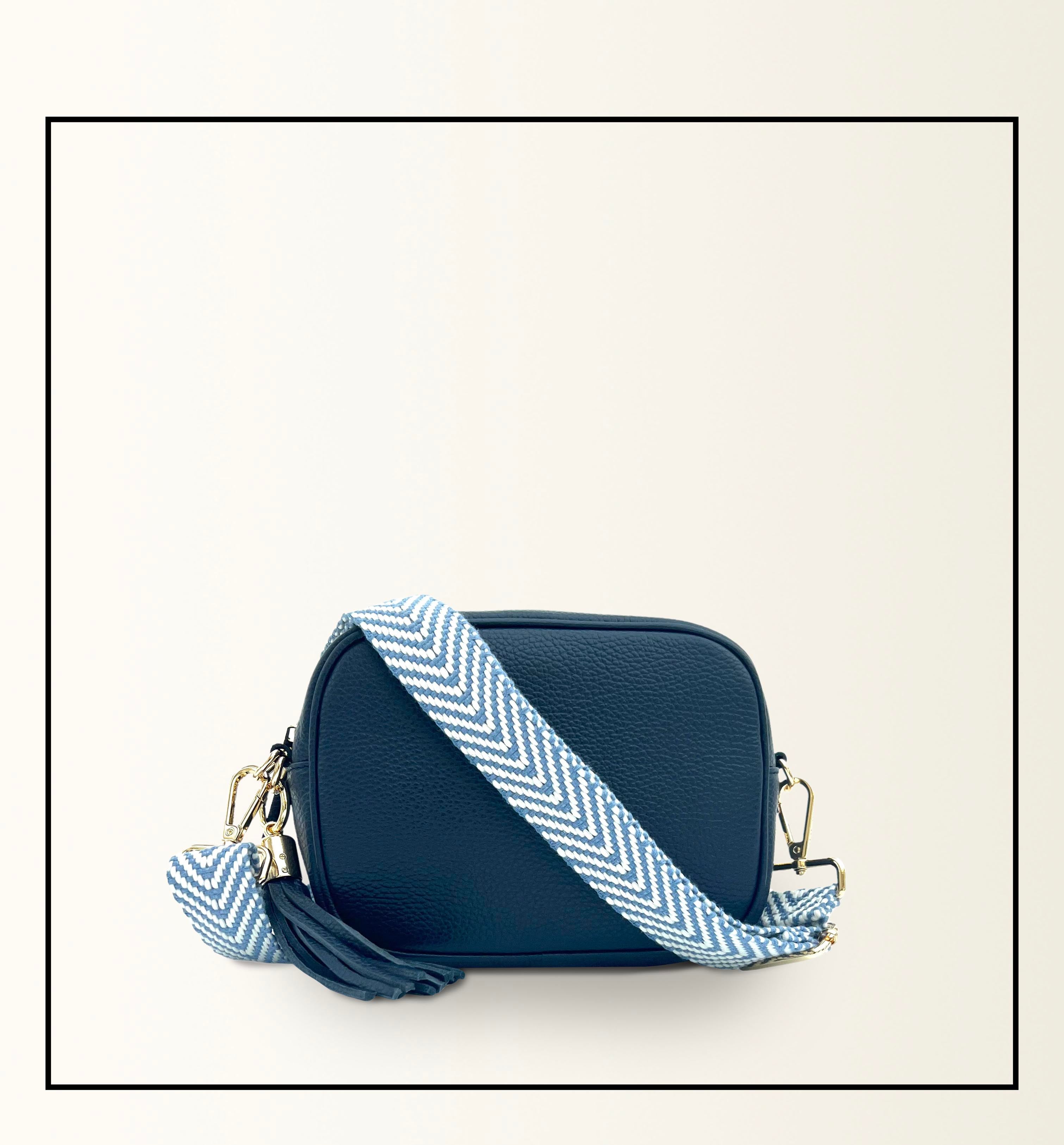The Tassel Navy Leather Crossbody Bag With Denim Blue Chevron Strap