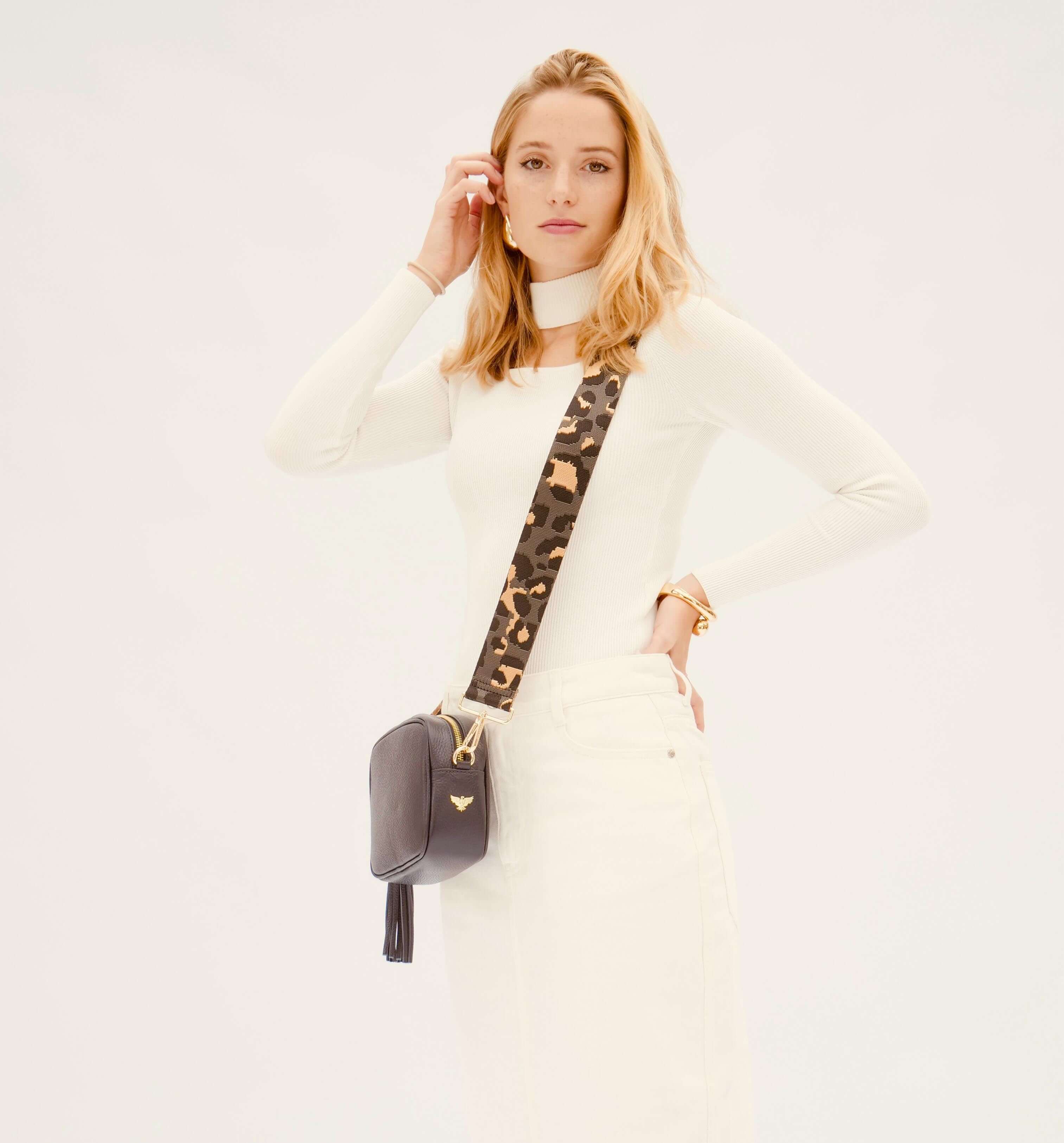 The Tassel Navy Leather Crossbody Bag With Grey Leopard Strap