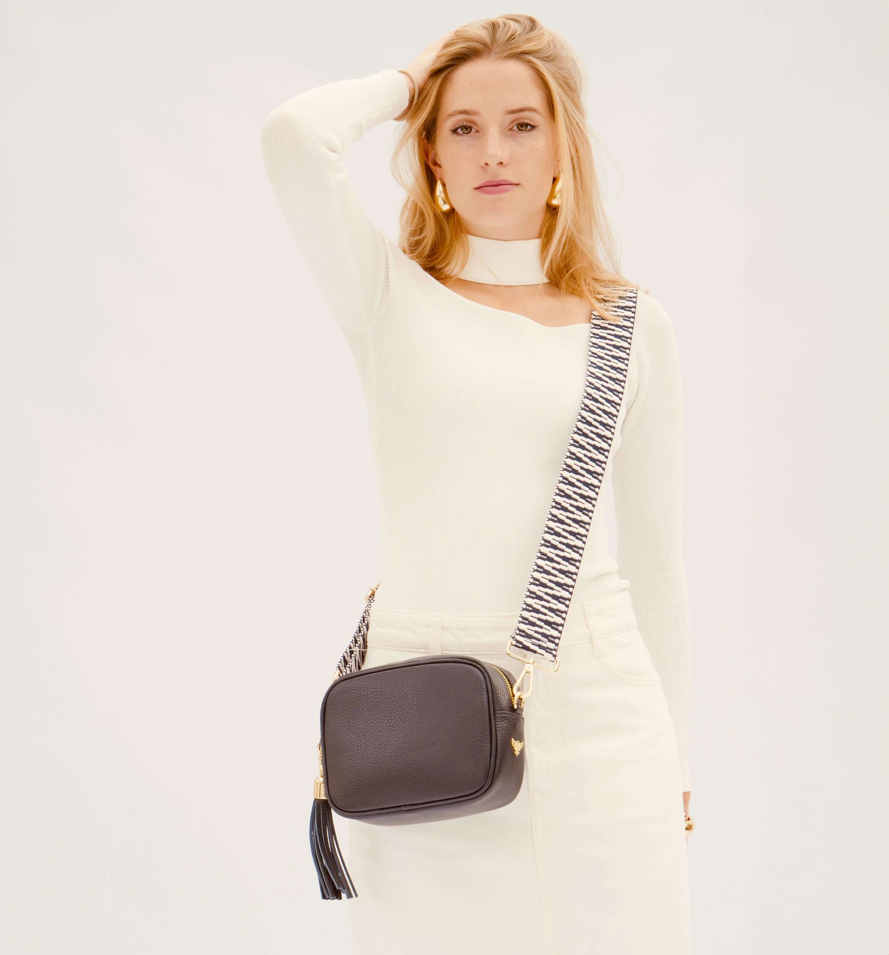 The Tassel Navy Leather Crossbody Bag With Navy & White ZigZag Strap