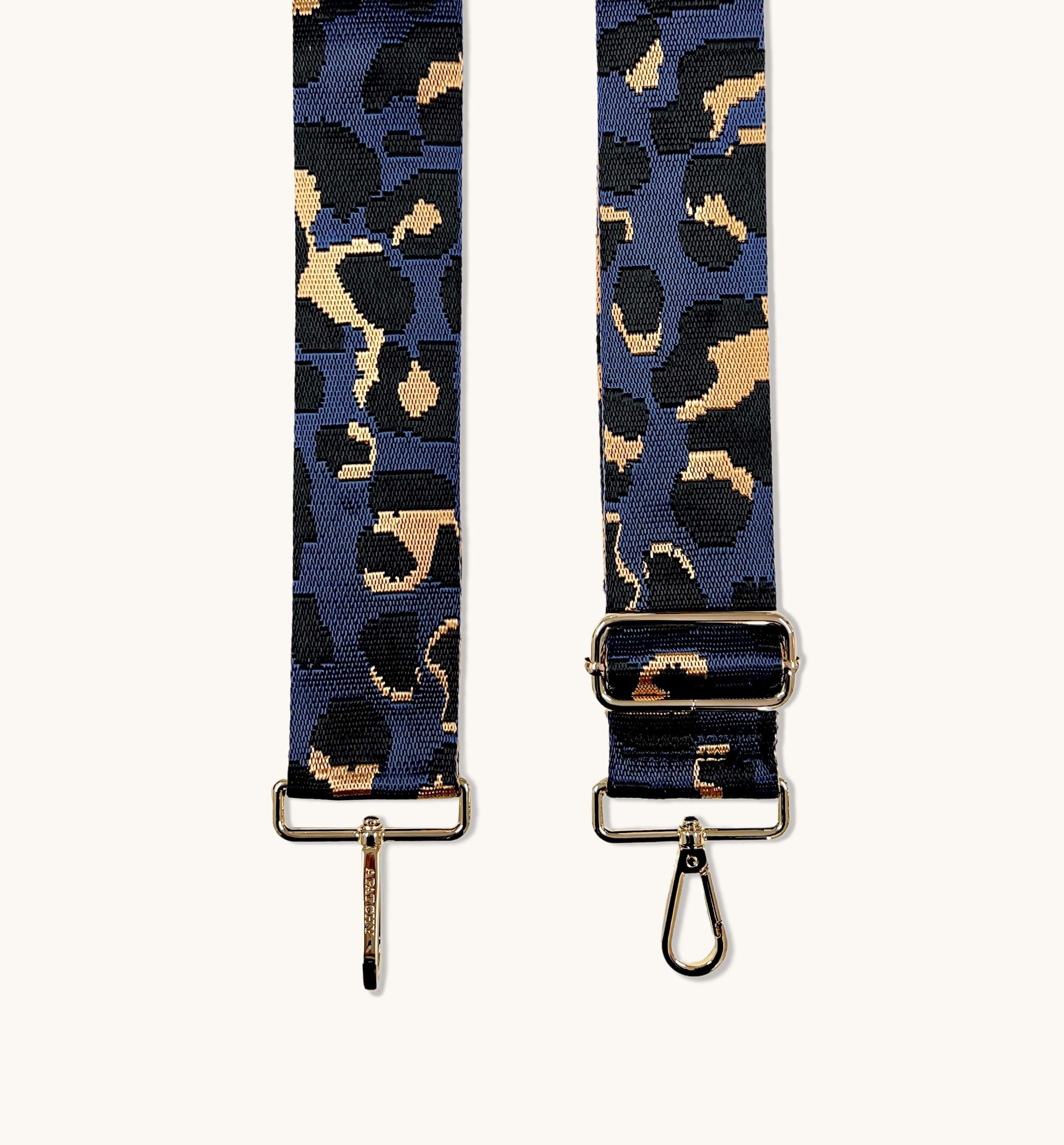 The Tassel Gold Leather Crossbody Bag With Navy Leopard Strap