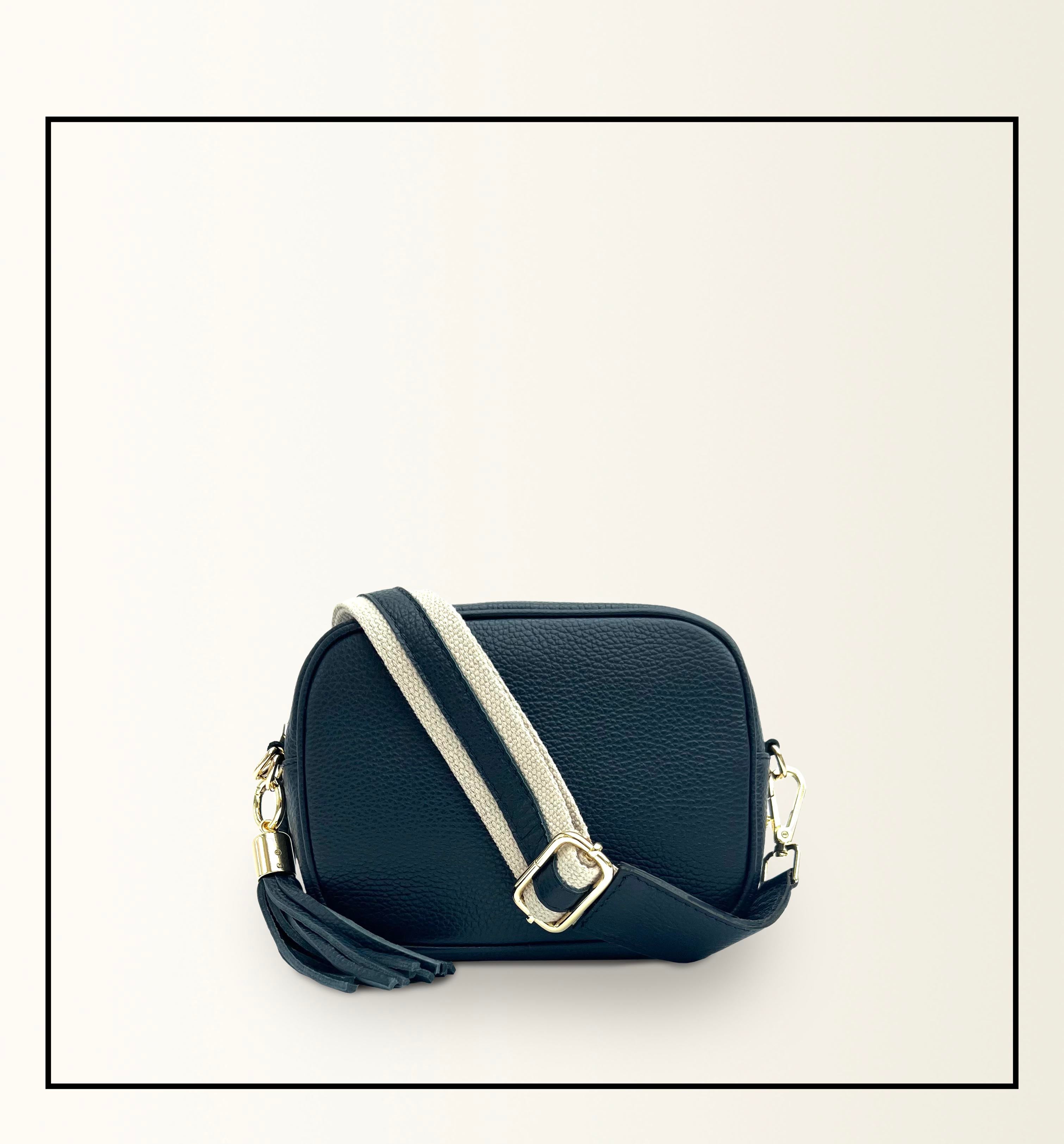 The Tassel Navy Leather Crossbody Bag With Leather & Canvas Strap