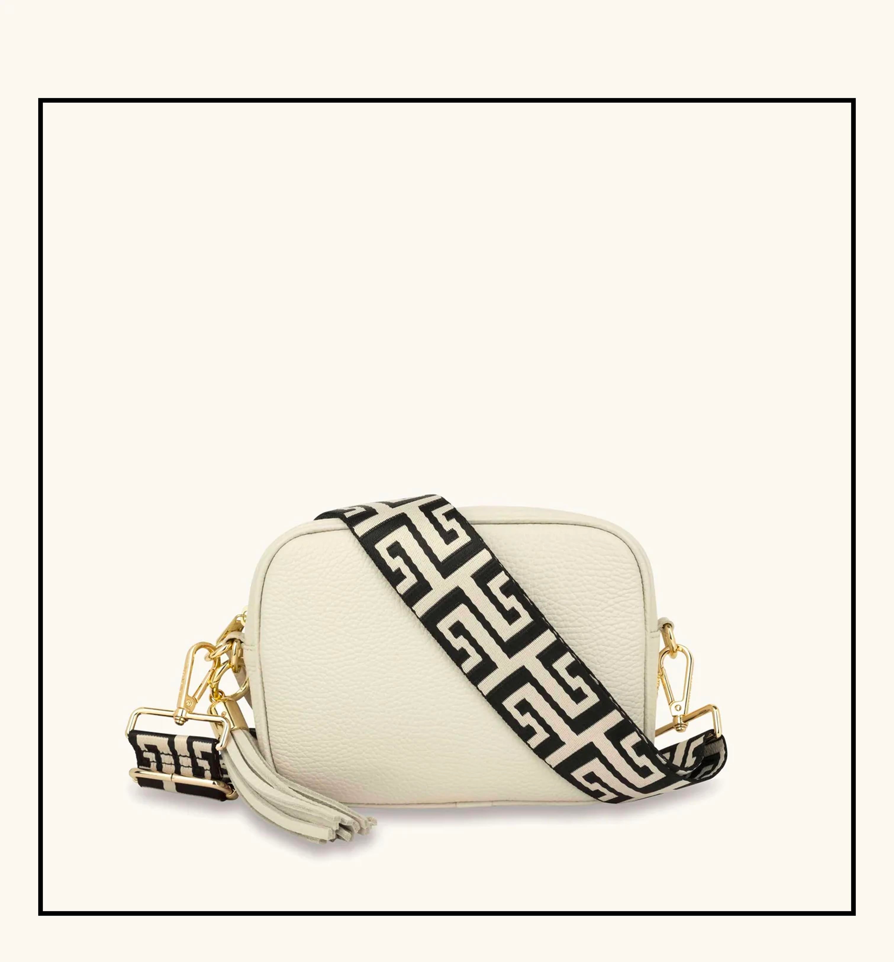 The Tassel Stone Leather Crossbody Bag With Black and Stone Maze Strap