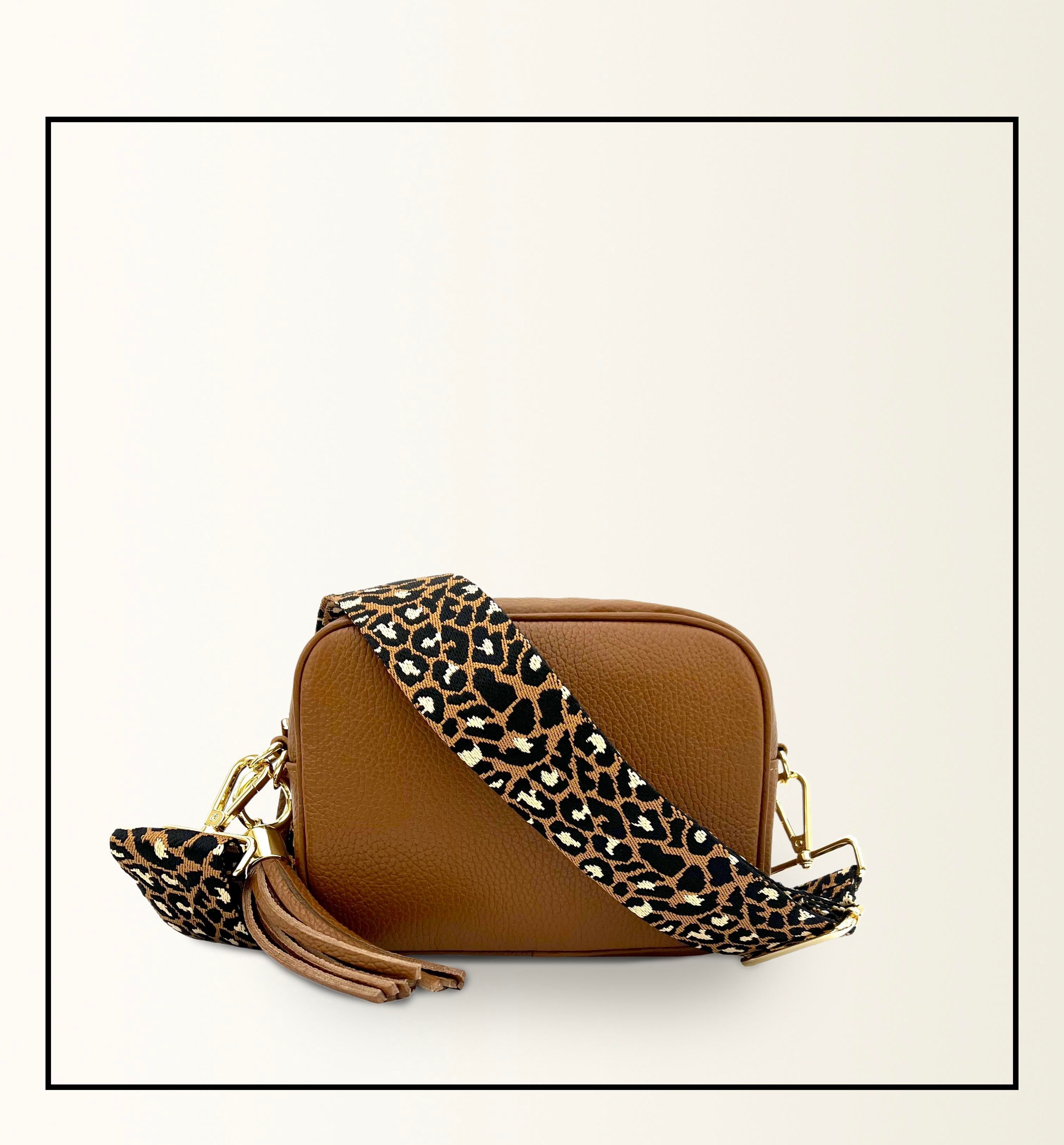 The Tassel Tan Leather Crossbody Bag With Tan Cheetah Strap