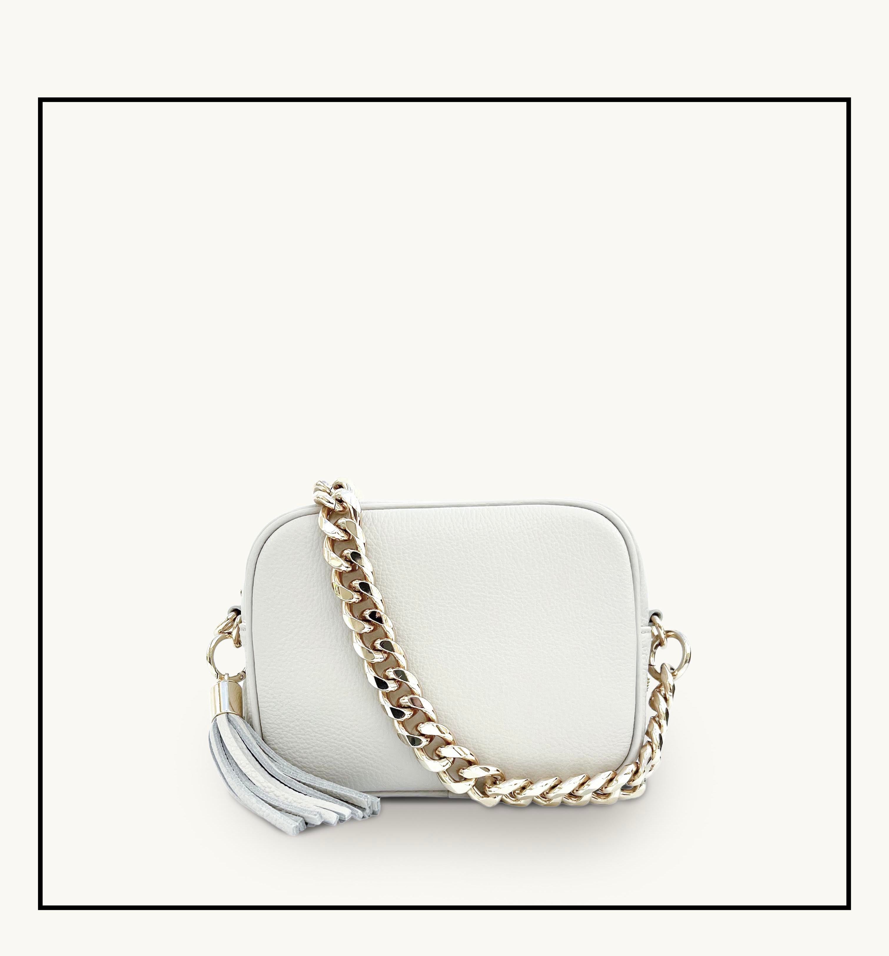 The Tassel White Leather Crossbody Bag With Gold Chain Strap