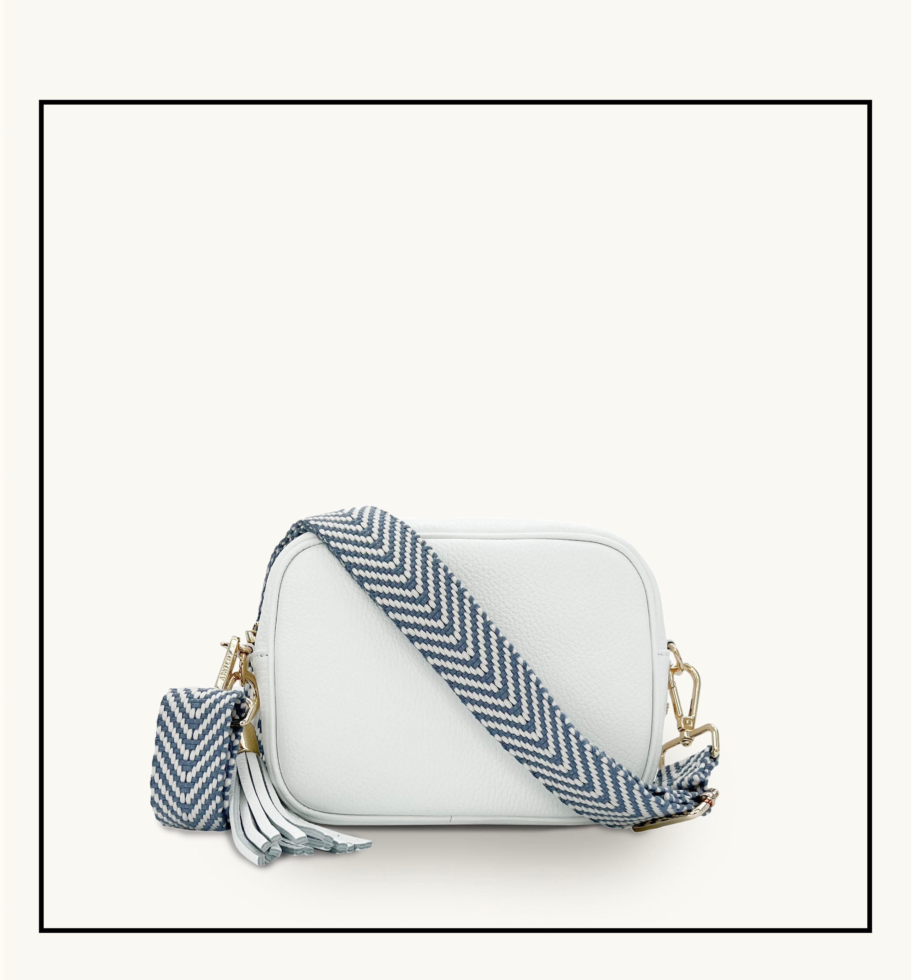 The Tassel White Leather Crossbody Bag With Denim Blue Chevron Strap
