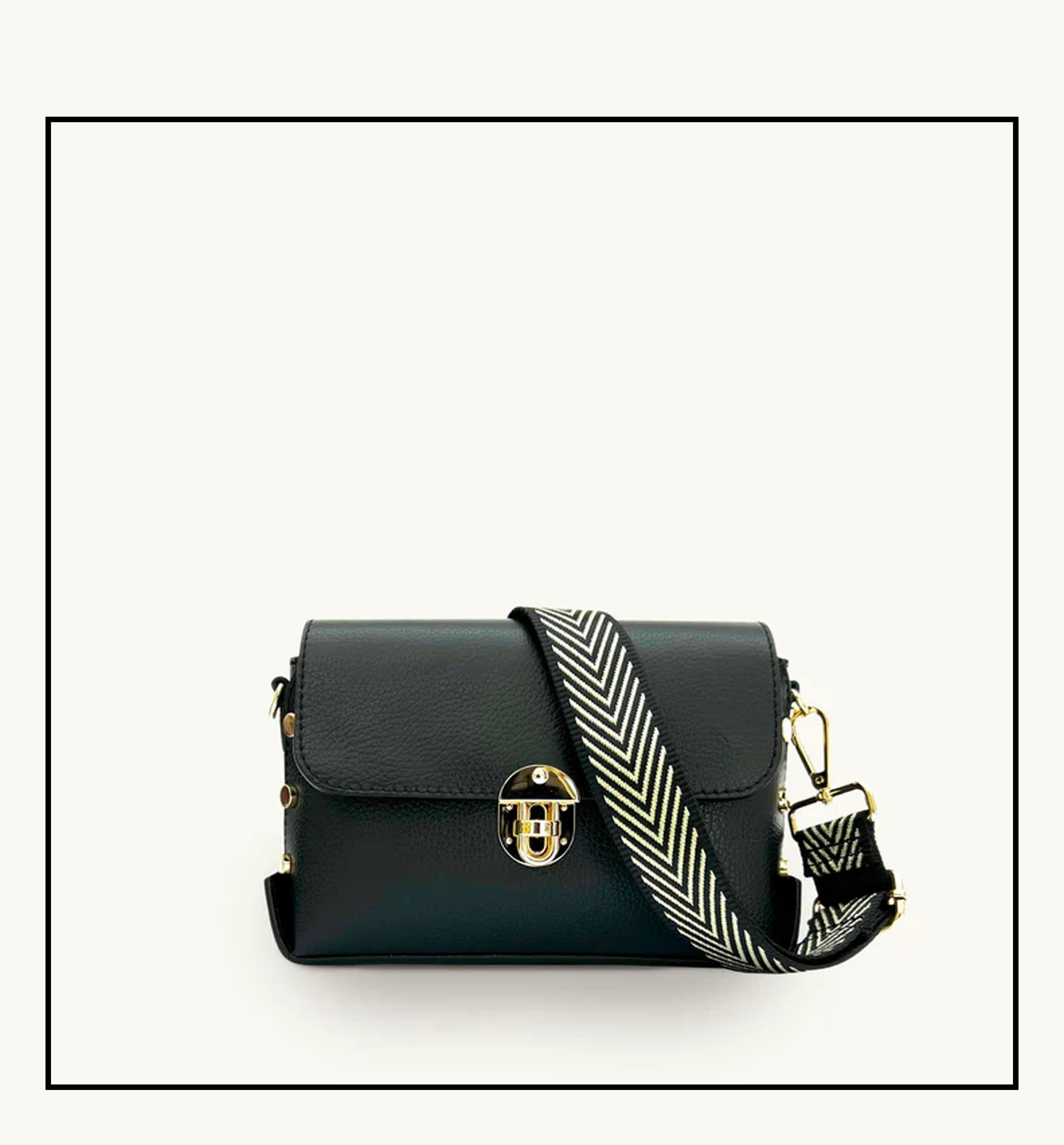 The Bloxsome Black Leather Crossbody Bag With Black & Gold Chevron Strap