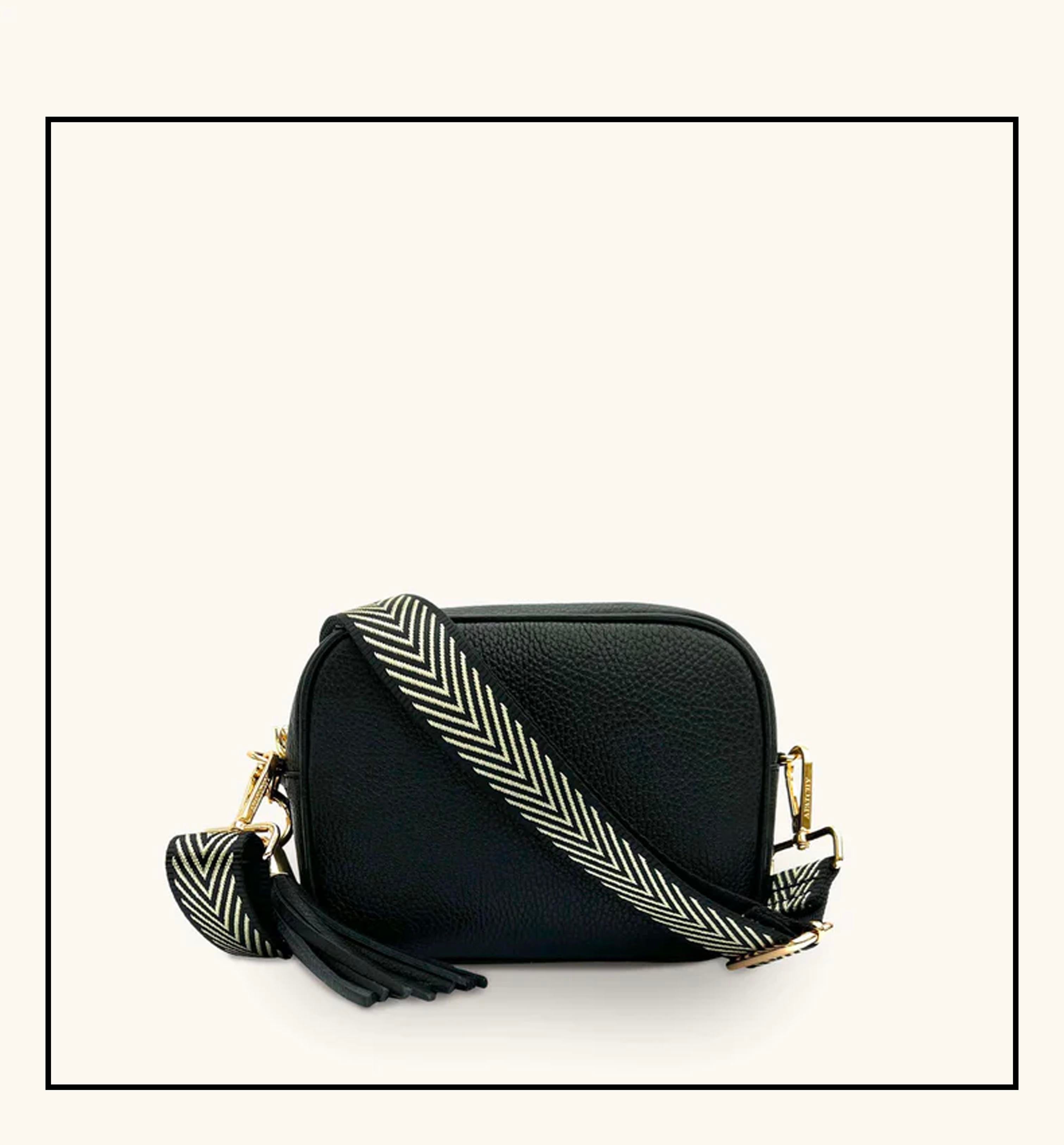 The Tassel Black Leather Crossbody Bag With Black & Gold Chevron Strap
