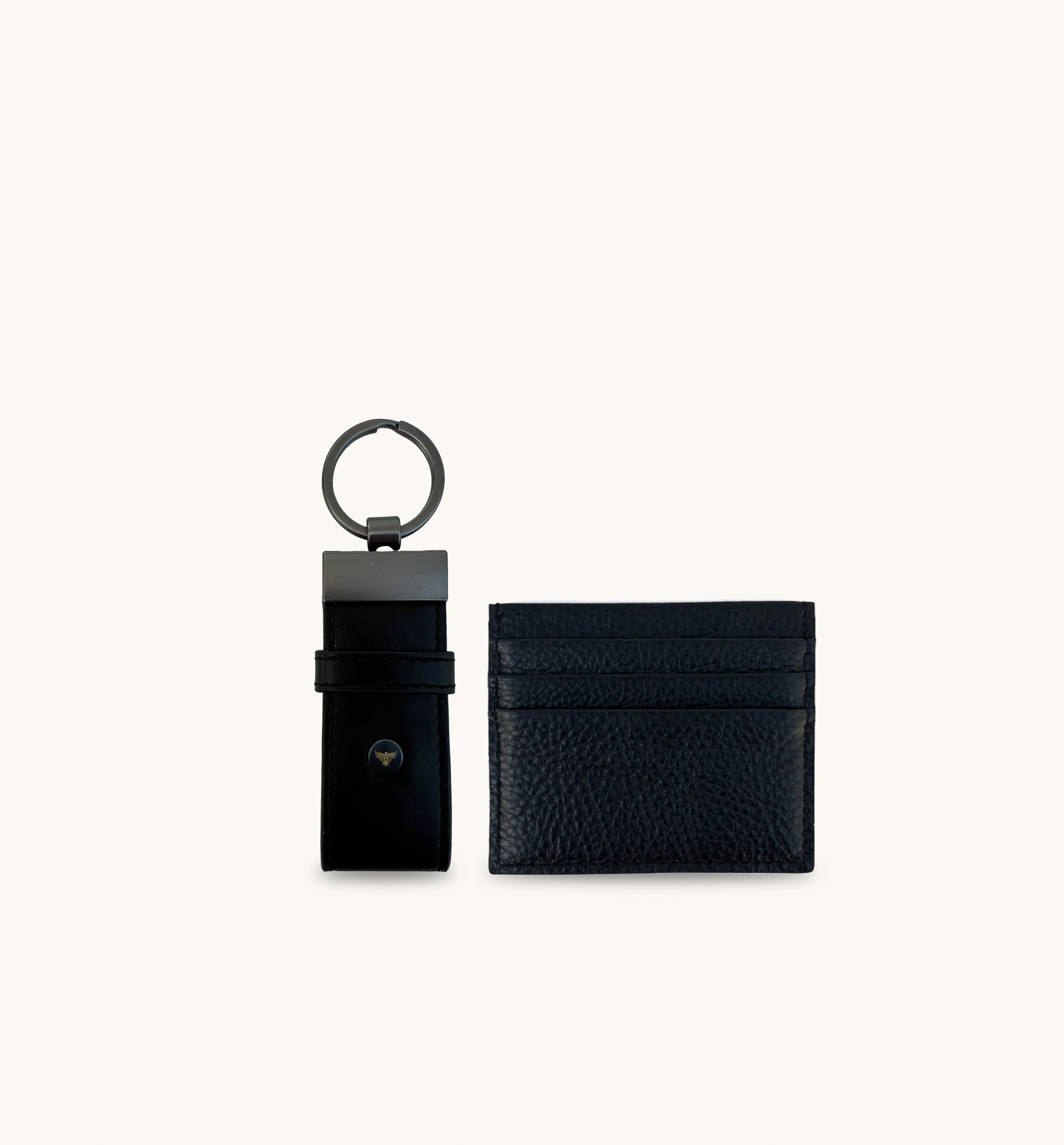 Black Leather Loop Keyring and Cardholder Gift Set
