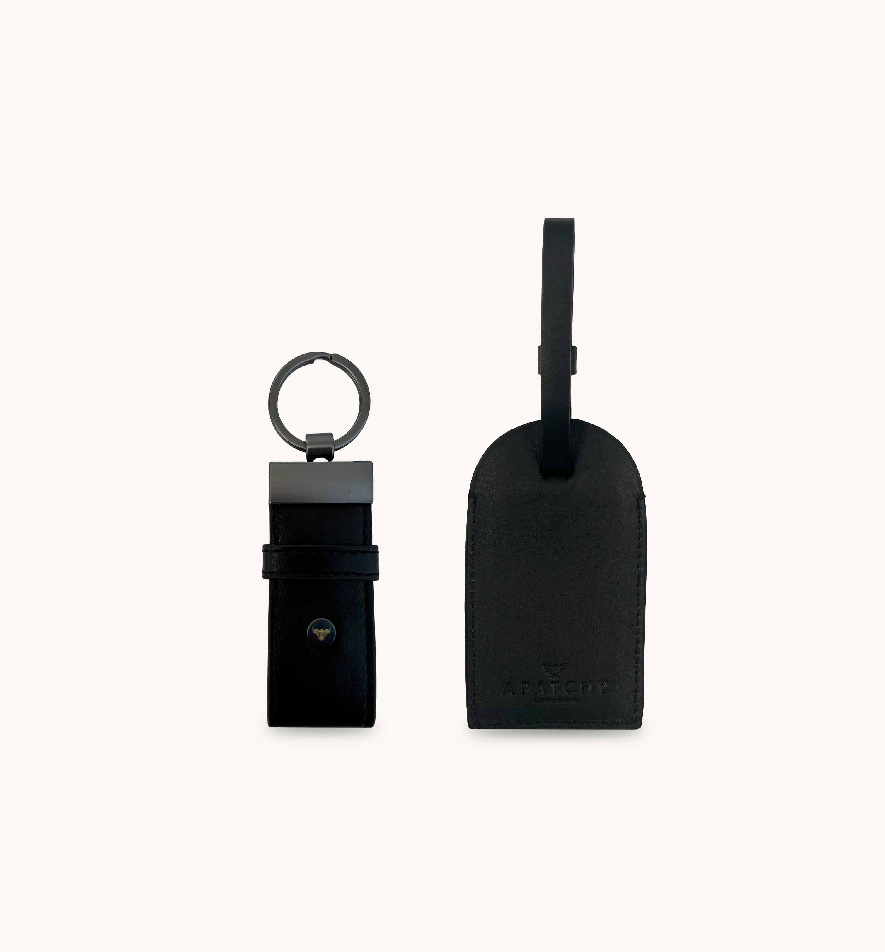 Black Leather Luggage Tag and Loop Keyring Gift Set