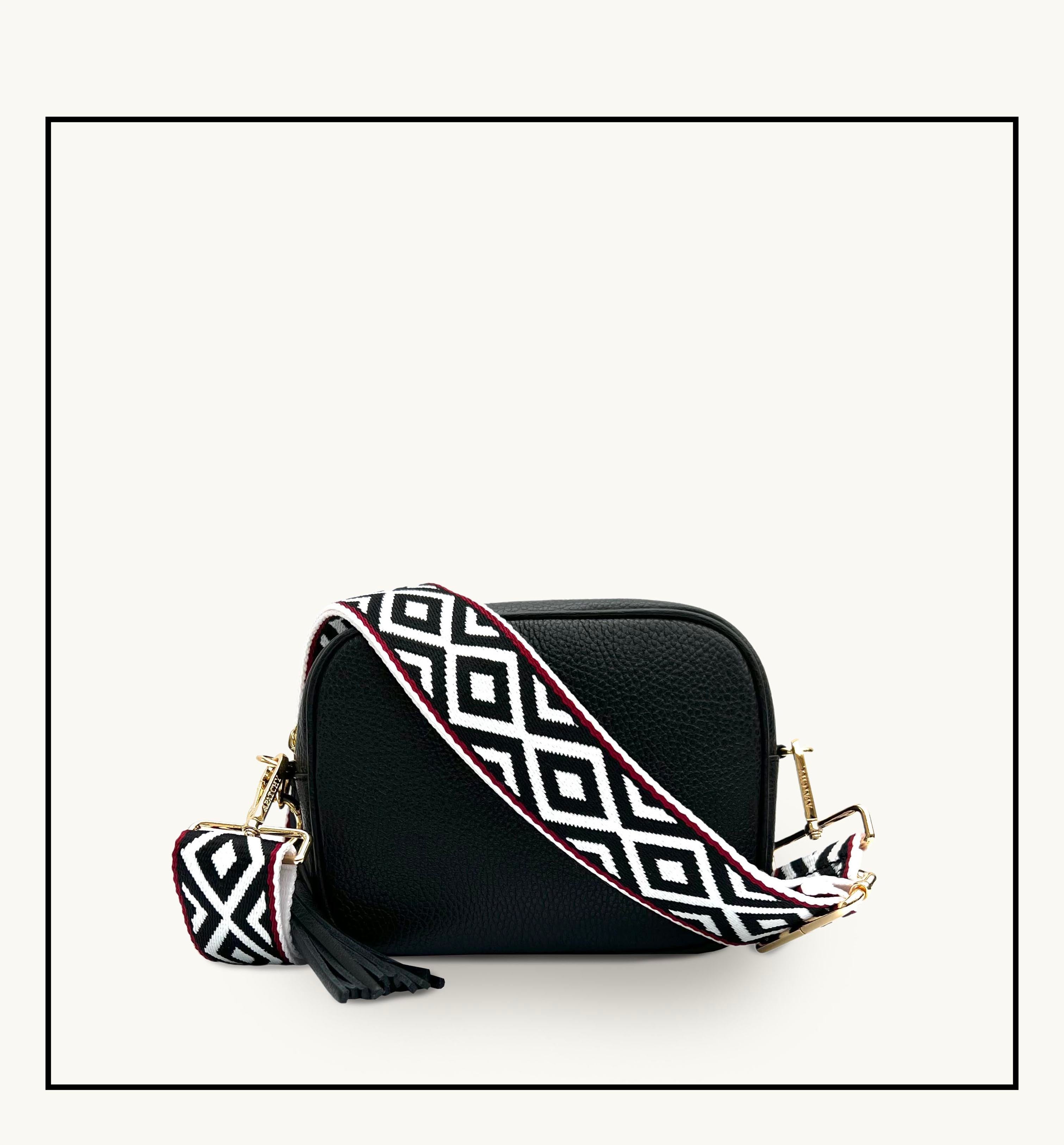 The Tassel Black Leather Crossbody Bag With Black & Stone Maze Strap