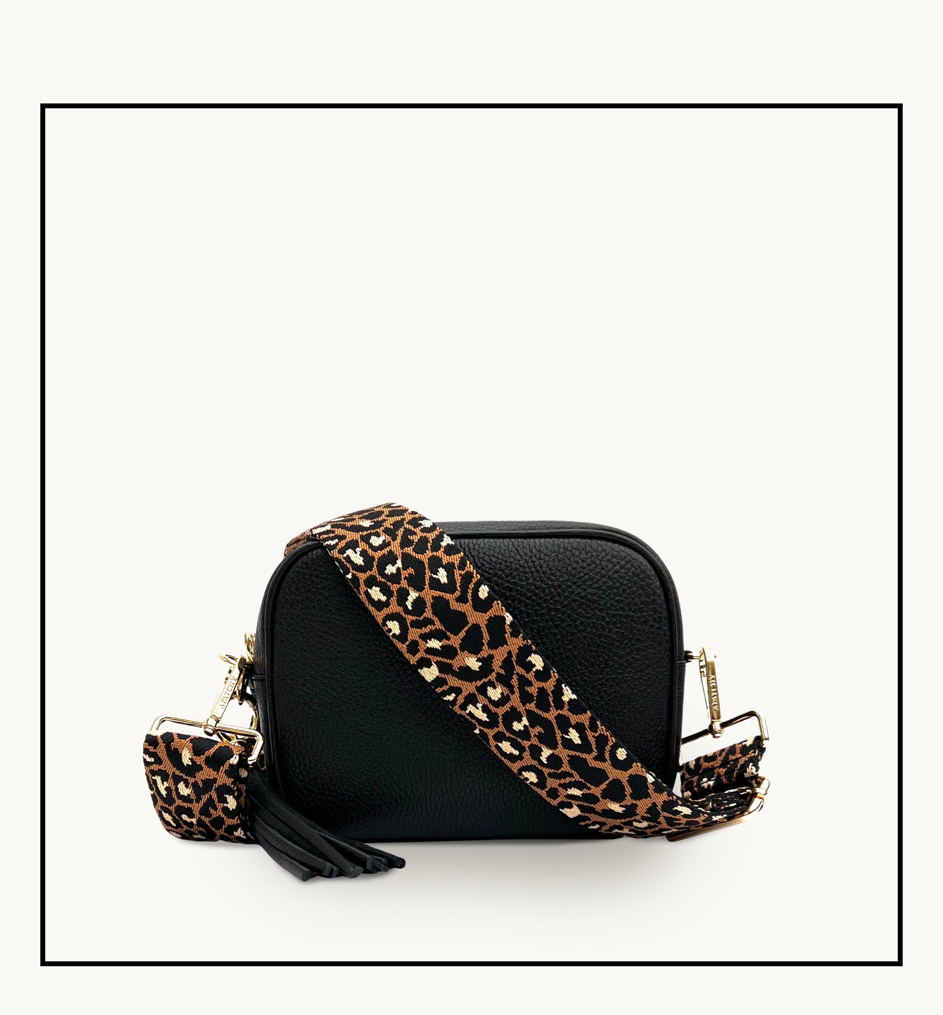 The Tassel Black Leather Crossbody Bag With Tan Cheetah Strap