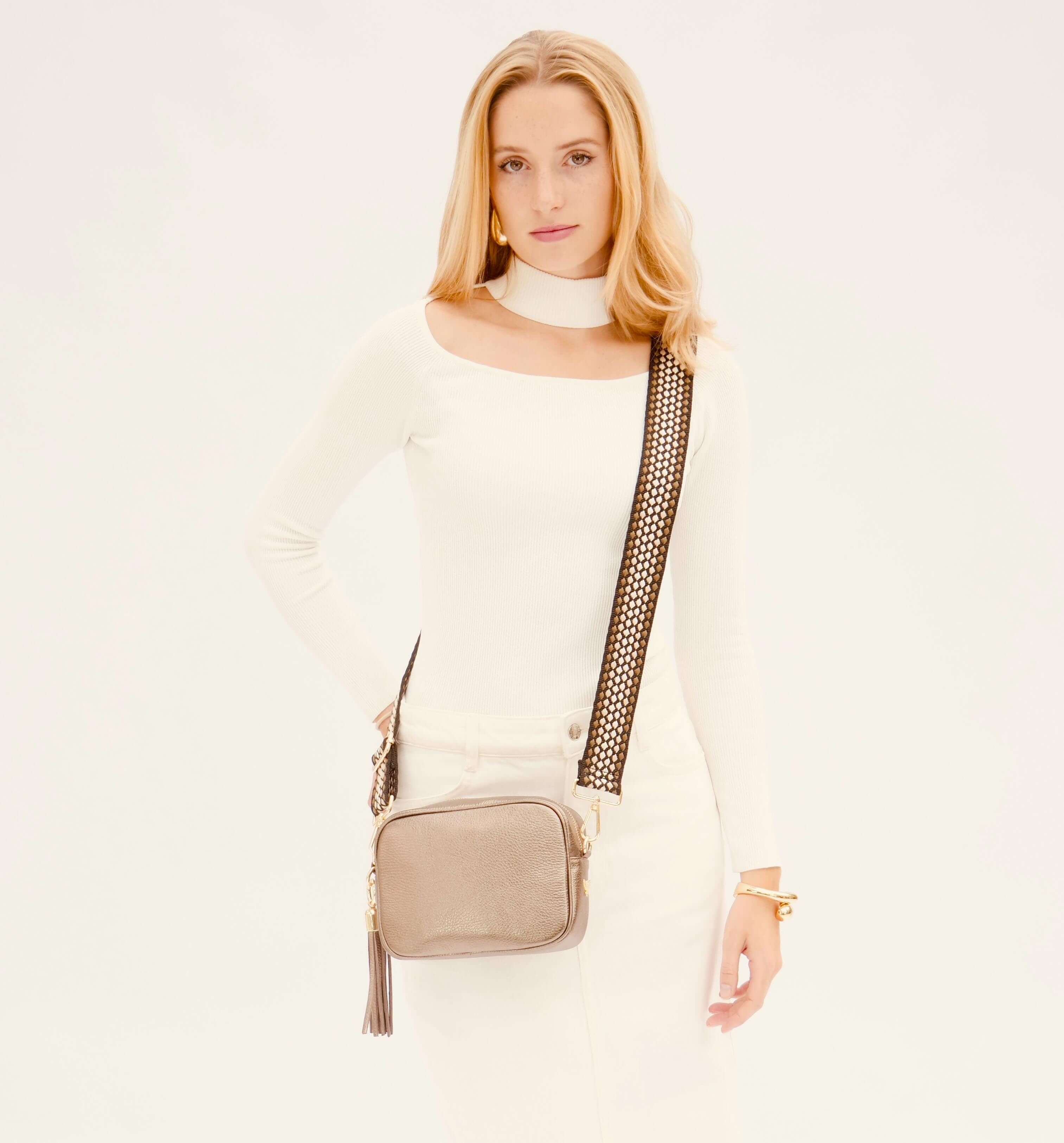 The Tassel Bronze Leather Crossbody Bag With Cappuccino Dots Strap