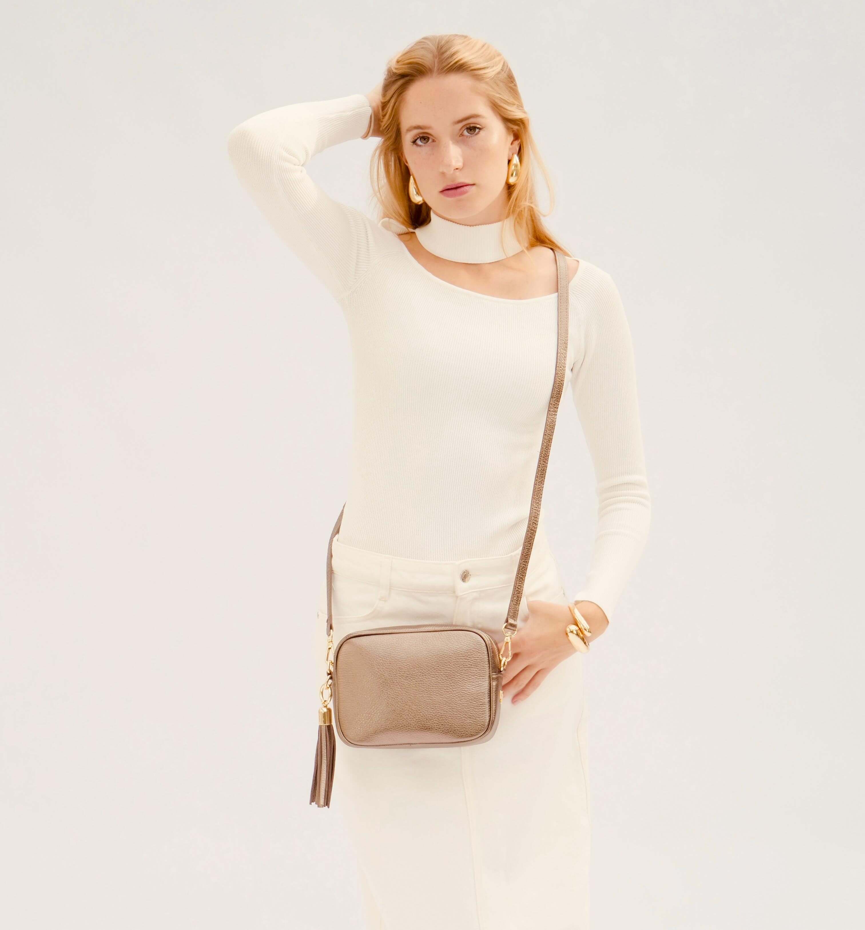 The Tassel Bronze Leather Crossbody Bag With Cappuccino Dots Strap