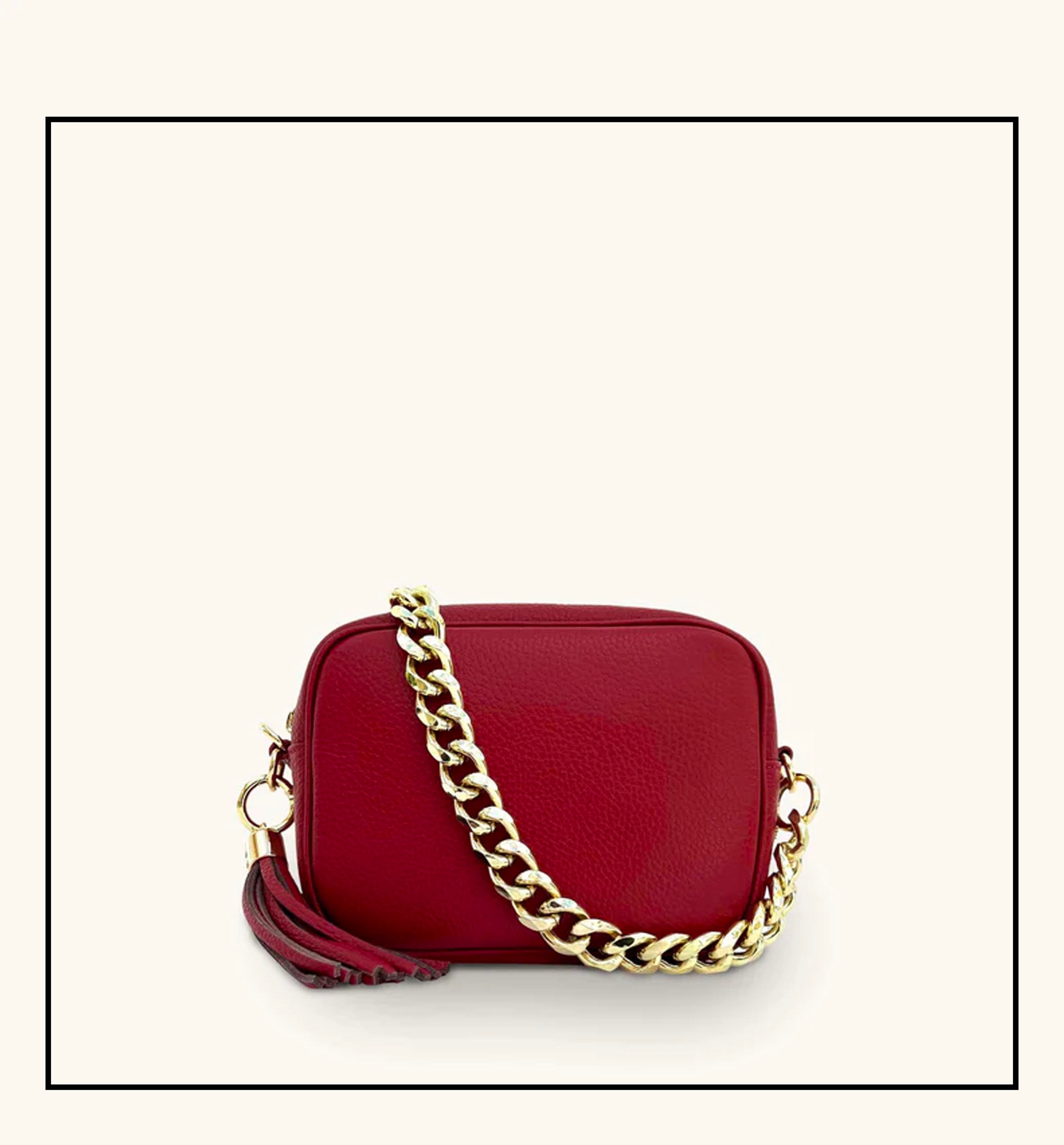 The Tassel Cherry Red Leather Crossbody Bag With Gold Chain Strap