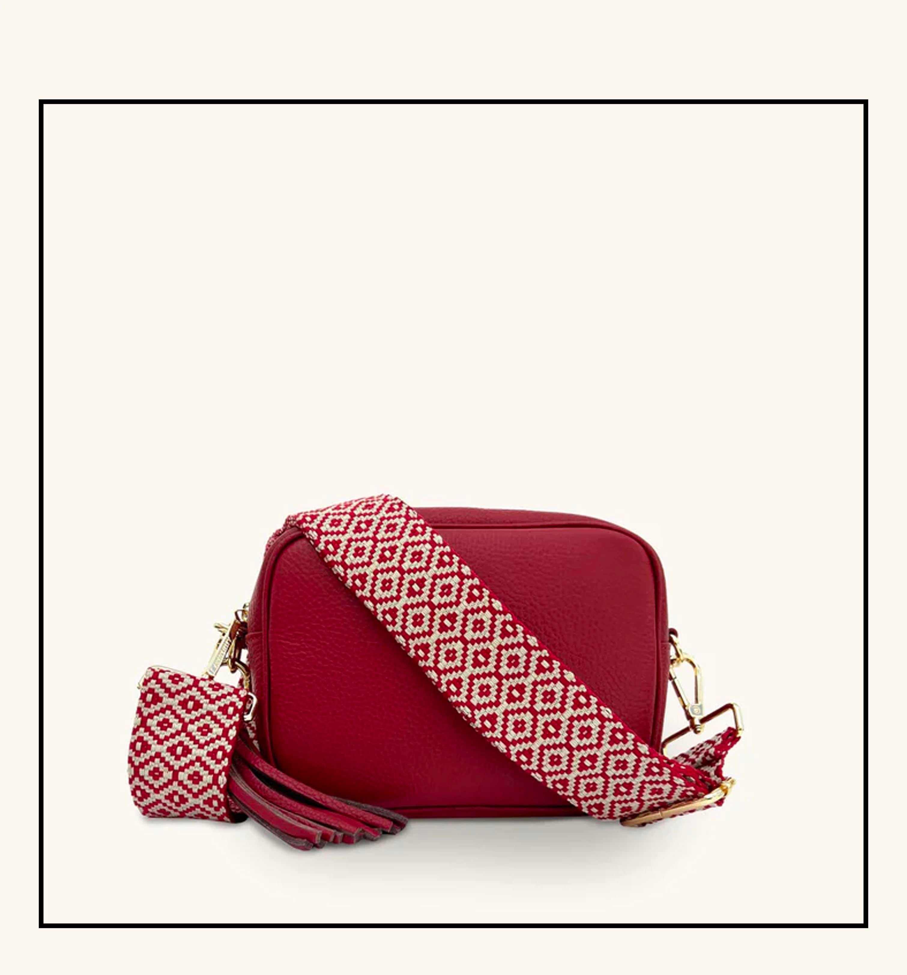 The Tassel Cherry Red Leather Crossbody Bag With Red Cross-Stitch Strap