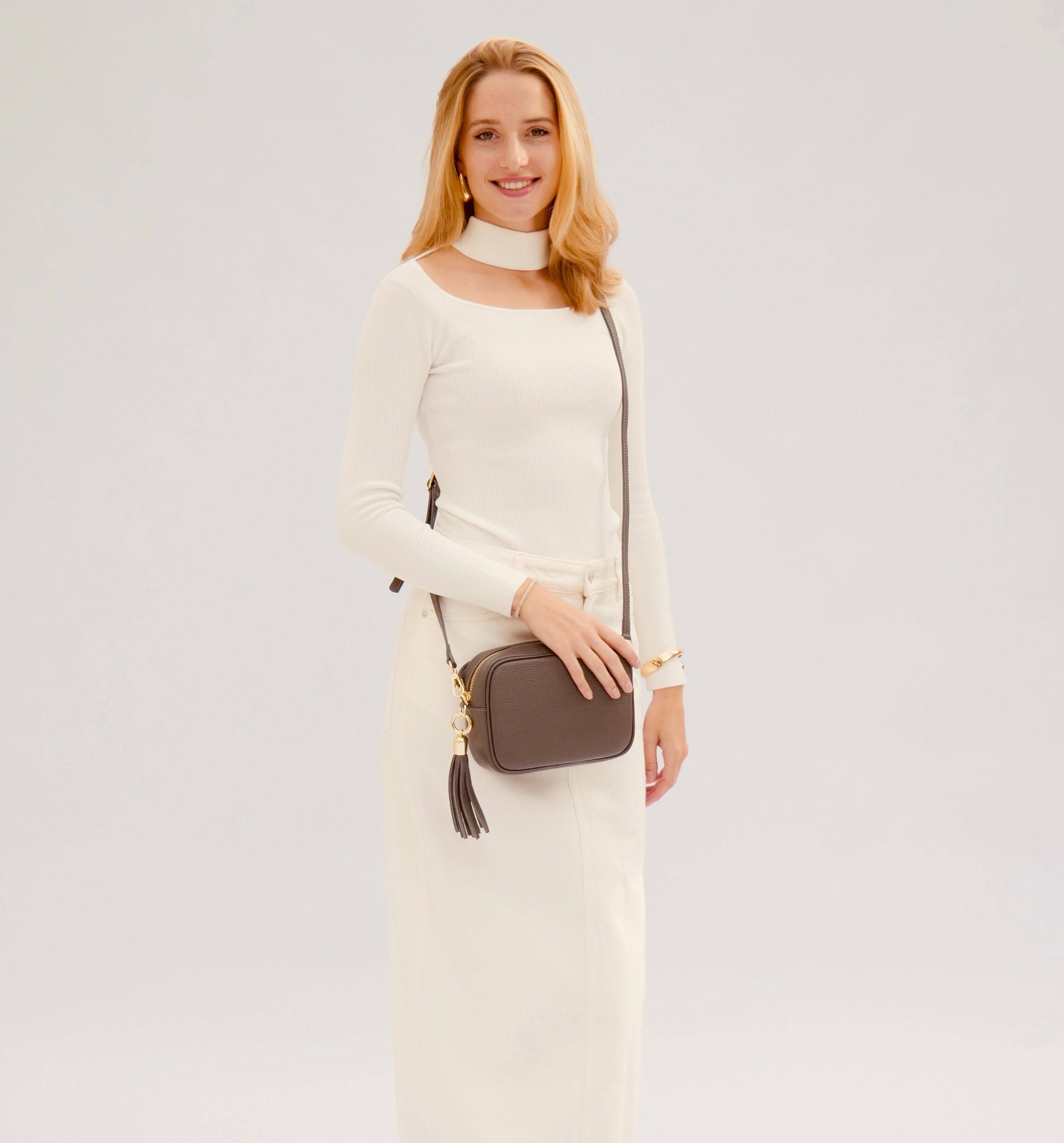 The Tassel Dark Grey Leather Crossbody Bag With Grey Leopard Strap