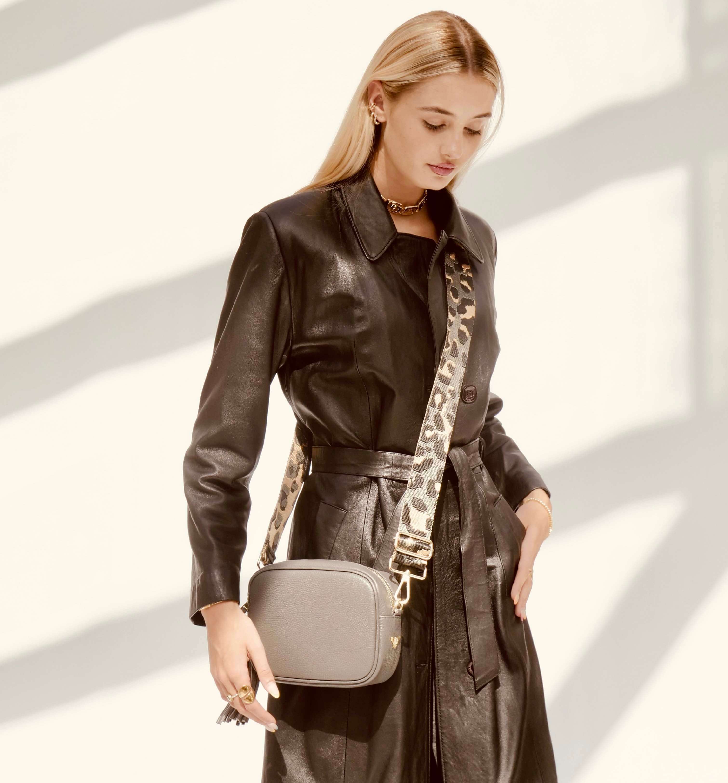 The Tassel Dark Grey Leather Crossbody Bag With Grey Leopard Strap