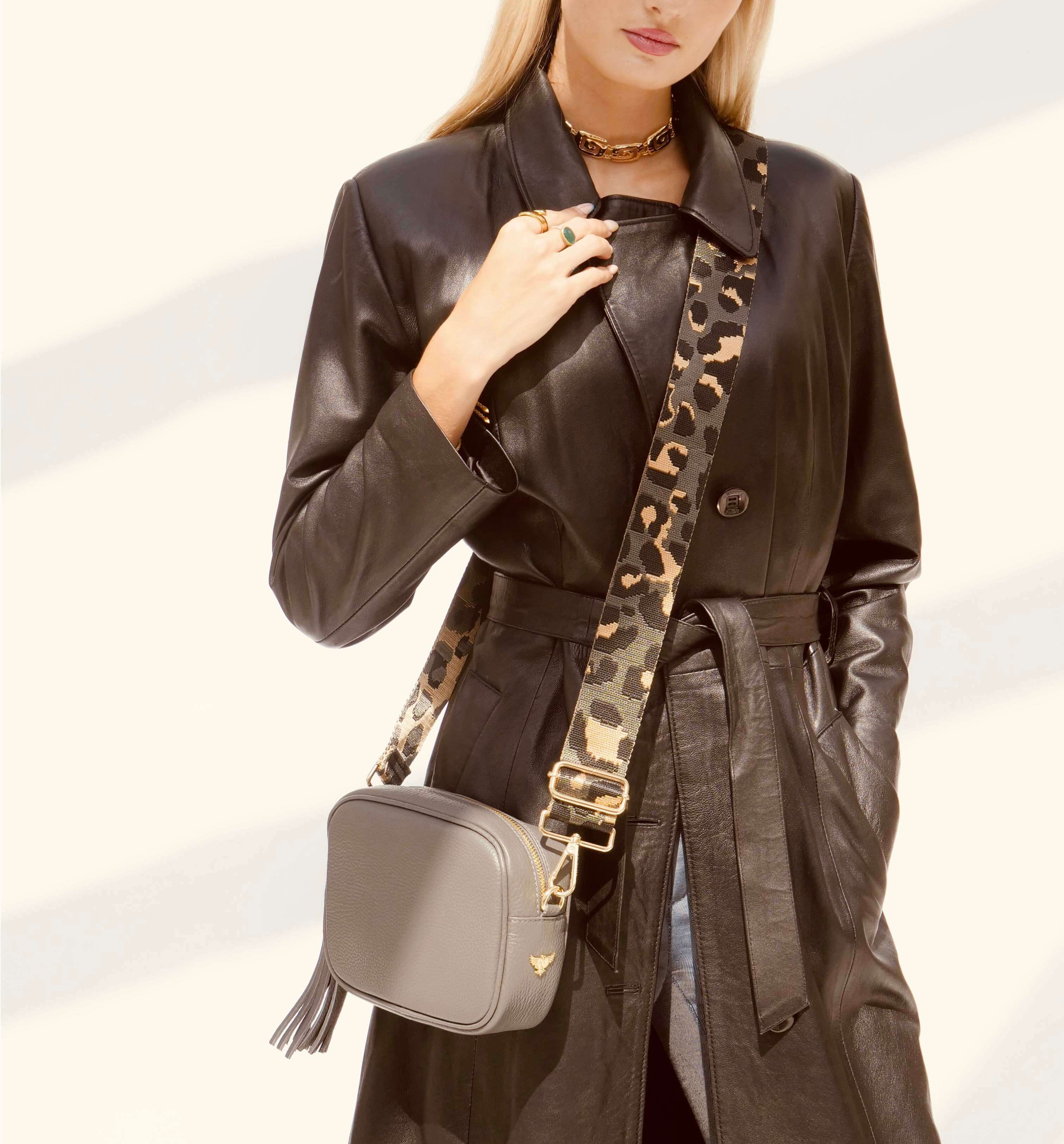 The Tassel Dark Grey Leather Crossbody Bag With Grey Leopard Strap