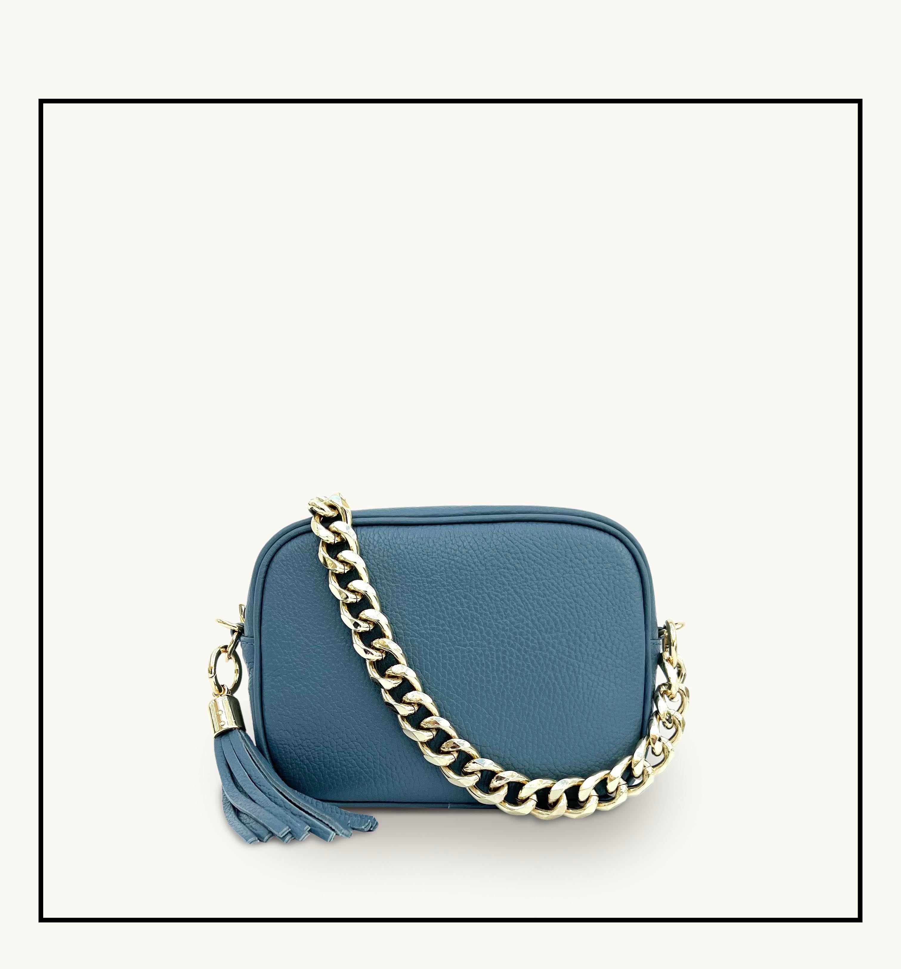 The Tassel Denim Blue Leather Crossbody Bag With Gold Chain Strap