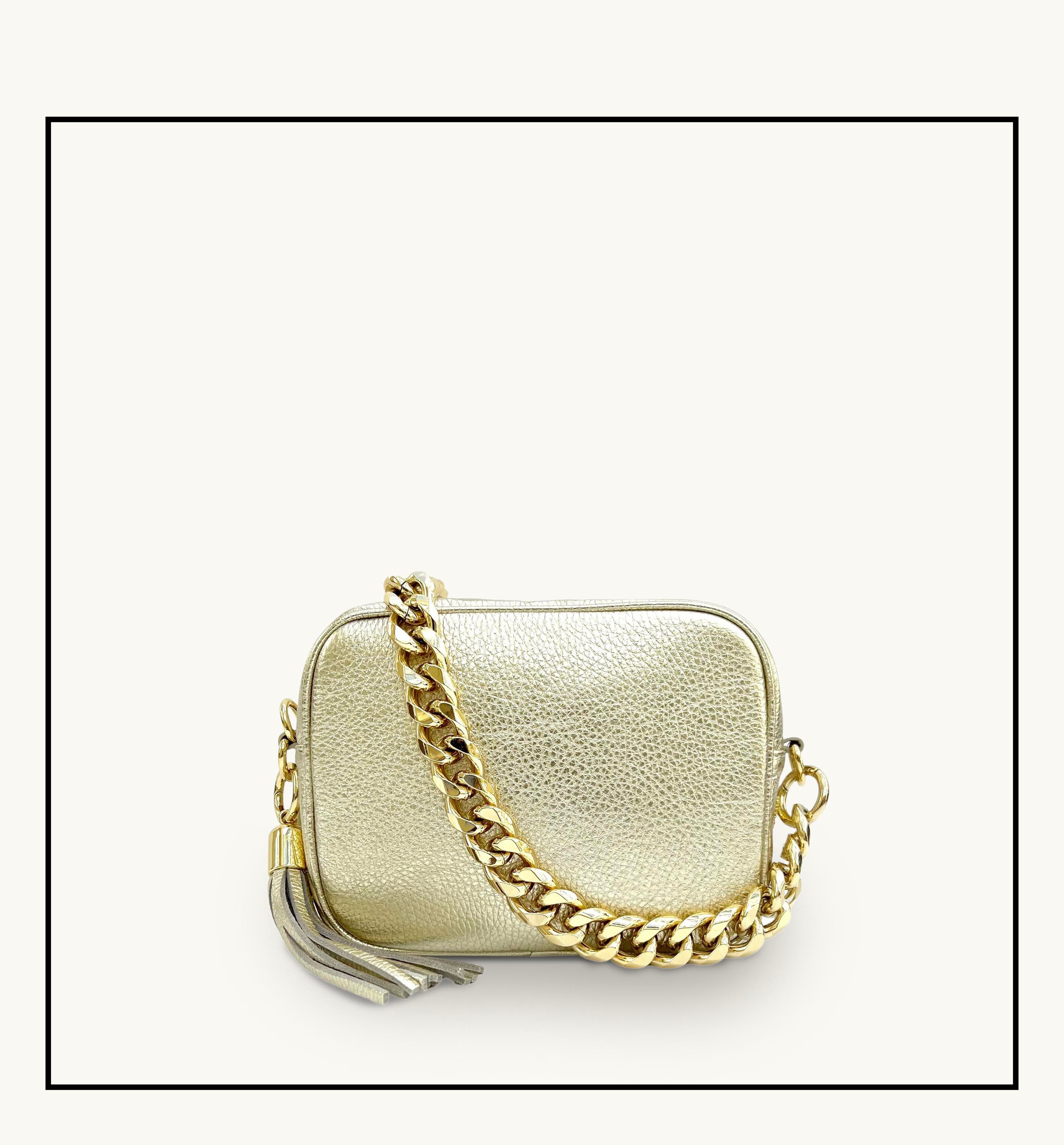 The Tassel Gold Leather Crossbody Bag With Gold Chain Strap