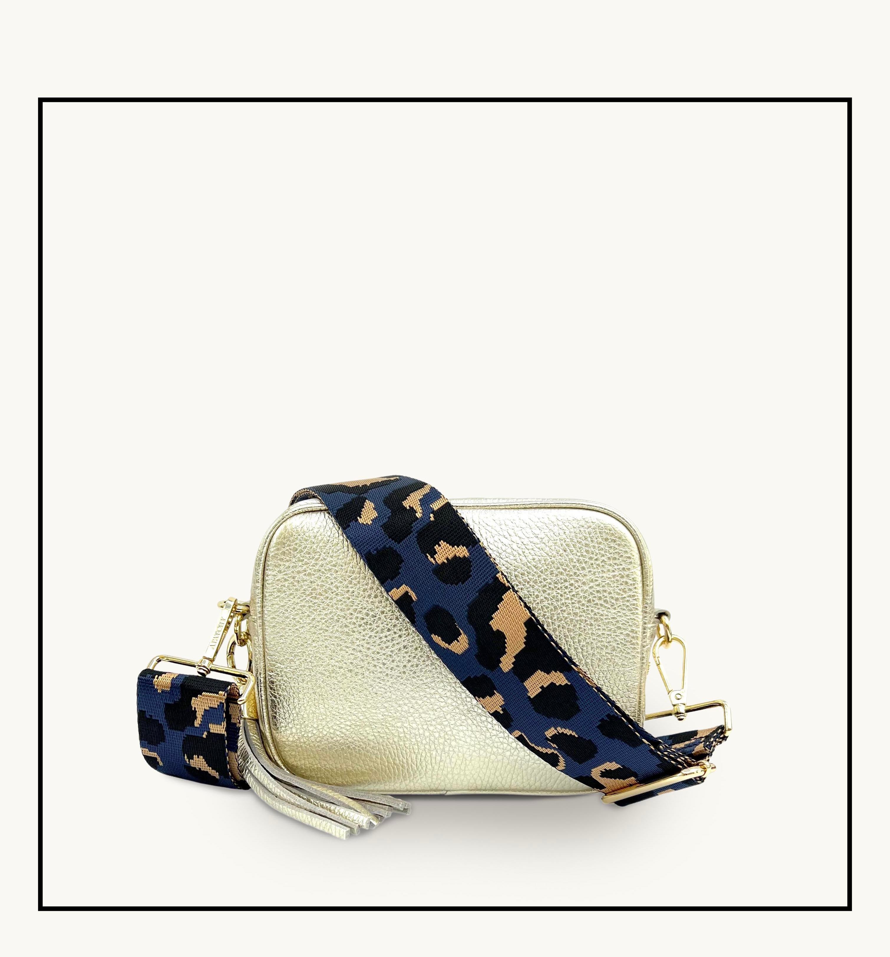 The Tassel Gold Leather Crossbody Bag With Navy Leopard Strap