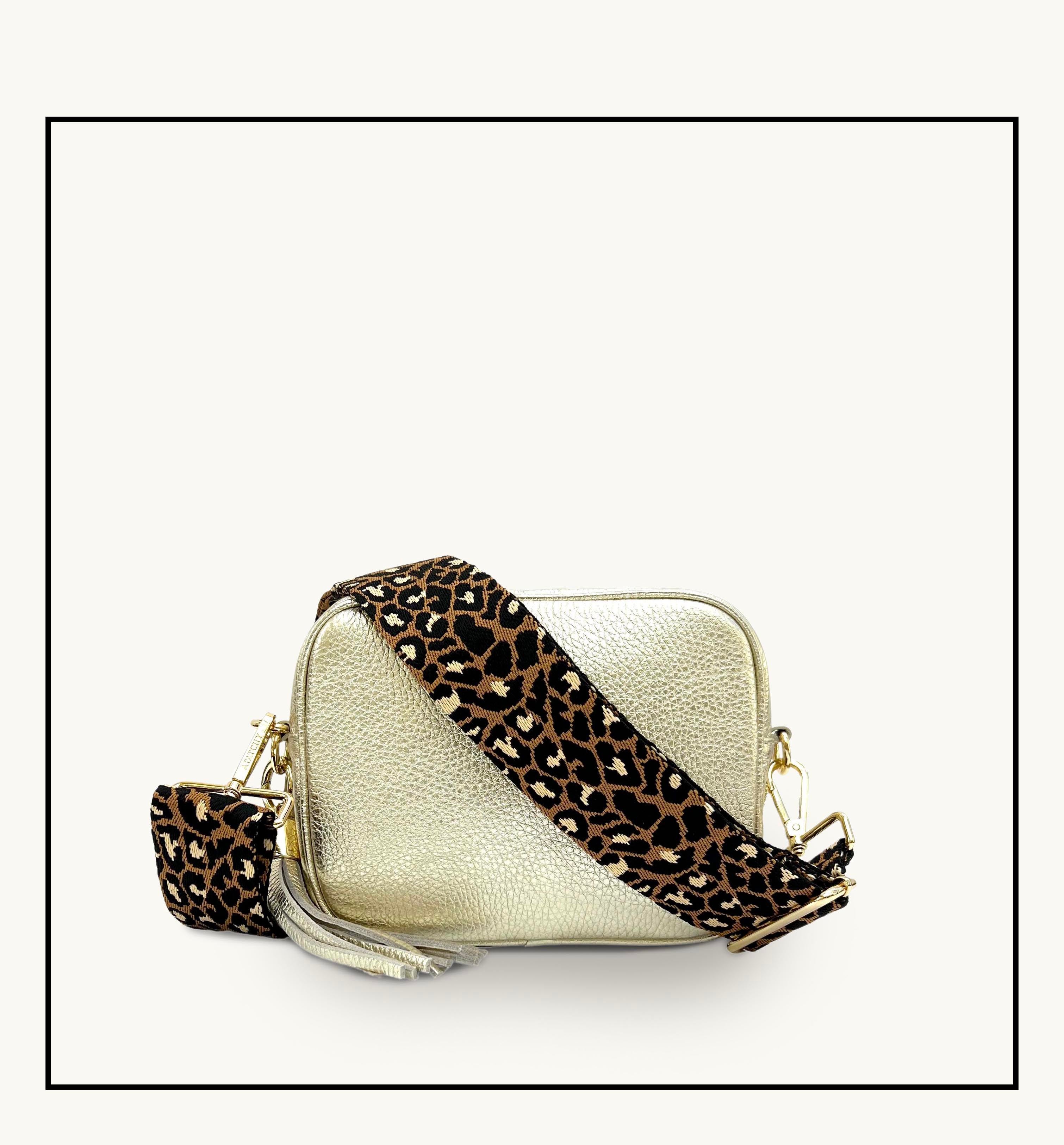 The Tassel Gold Leather Crossbody Bag With Tan Cheetah Strap