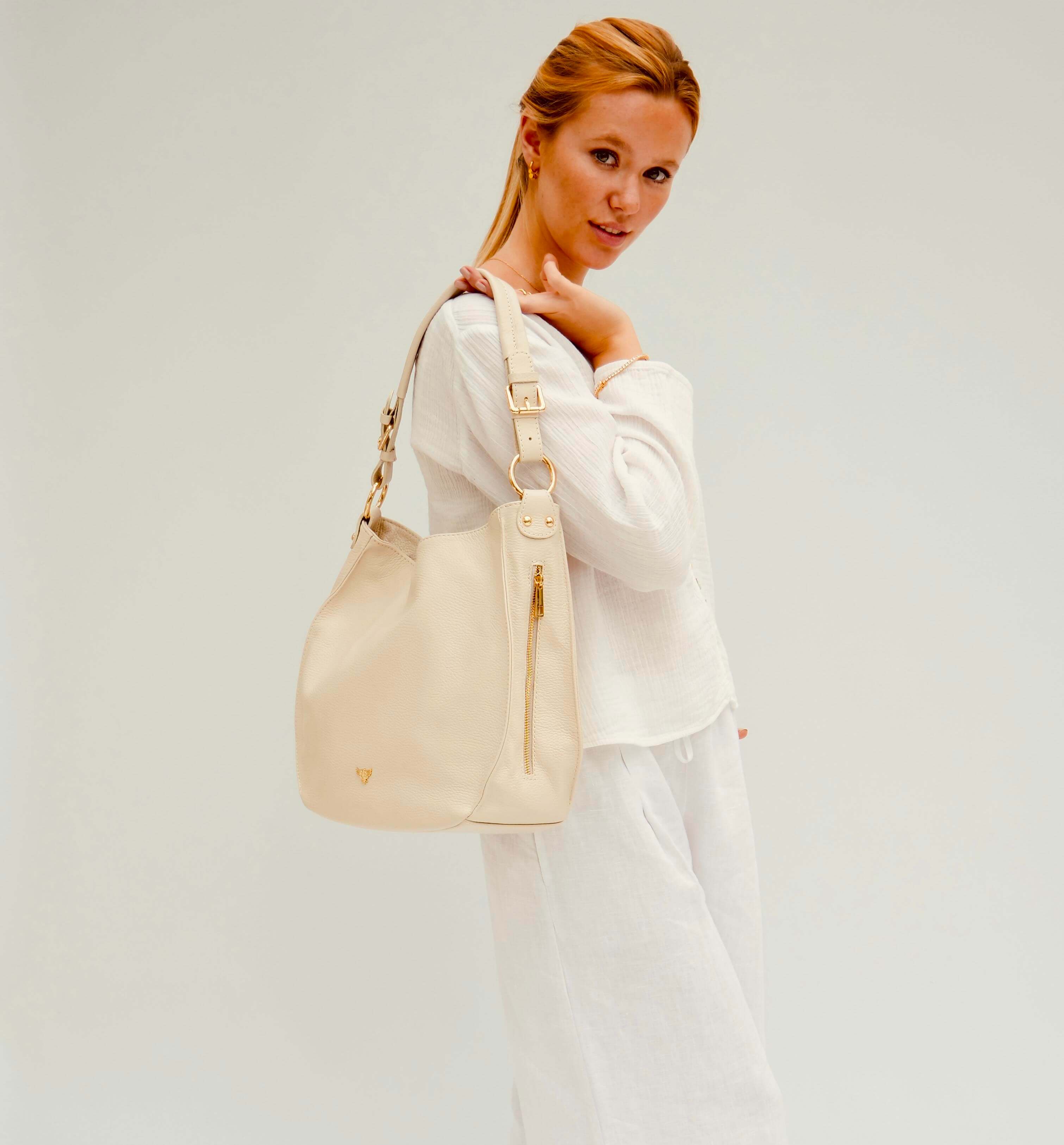 The Harriet Stone Leather Bag With Olive Green Arrow Strap