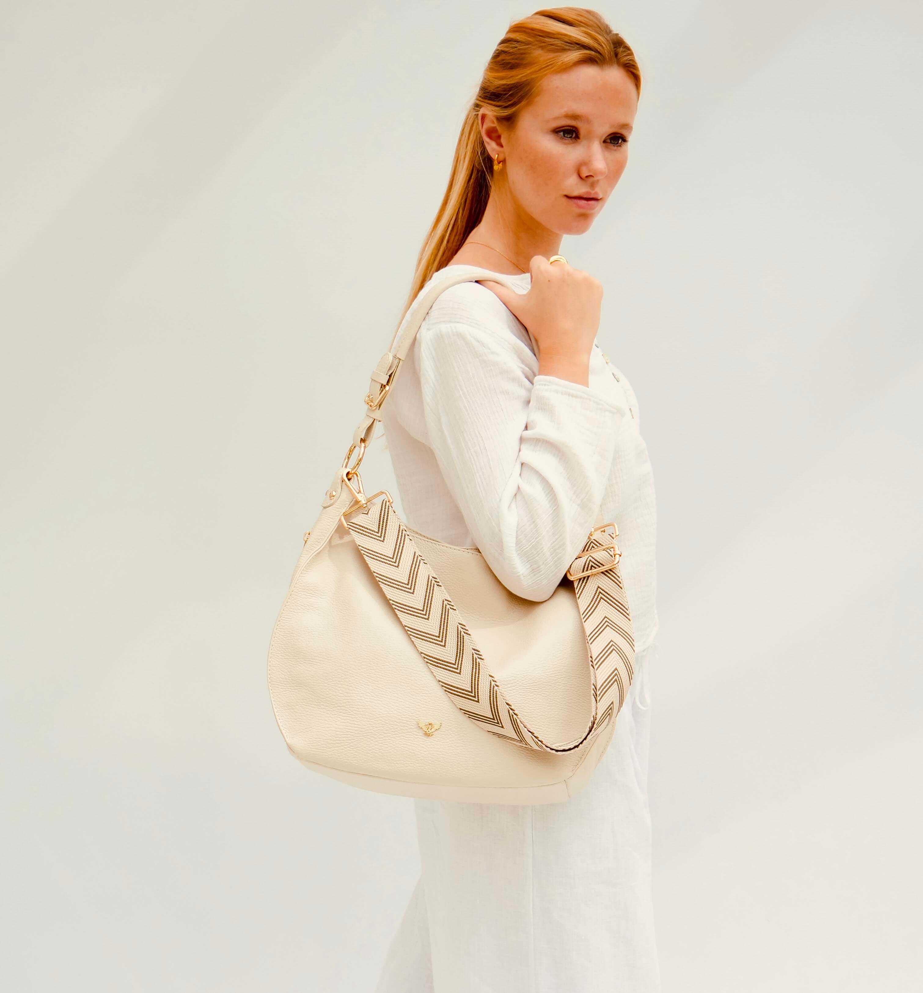The Harriet Stone Leather Bag With Olive Green Arrow Strap