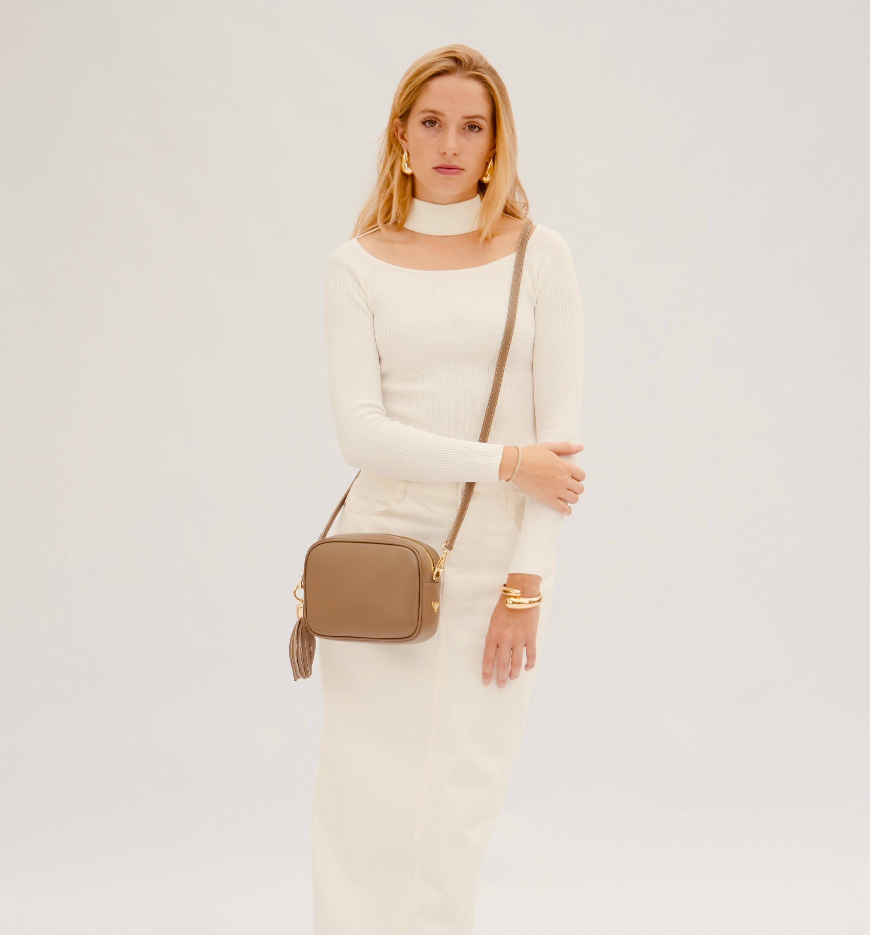 The Tassel Latte Leather Crossbody Bag With Lemon Cheetah Strap