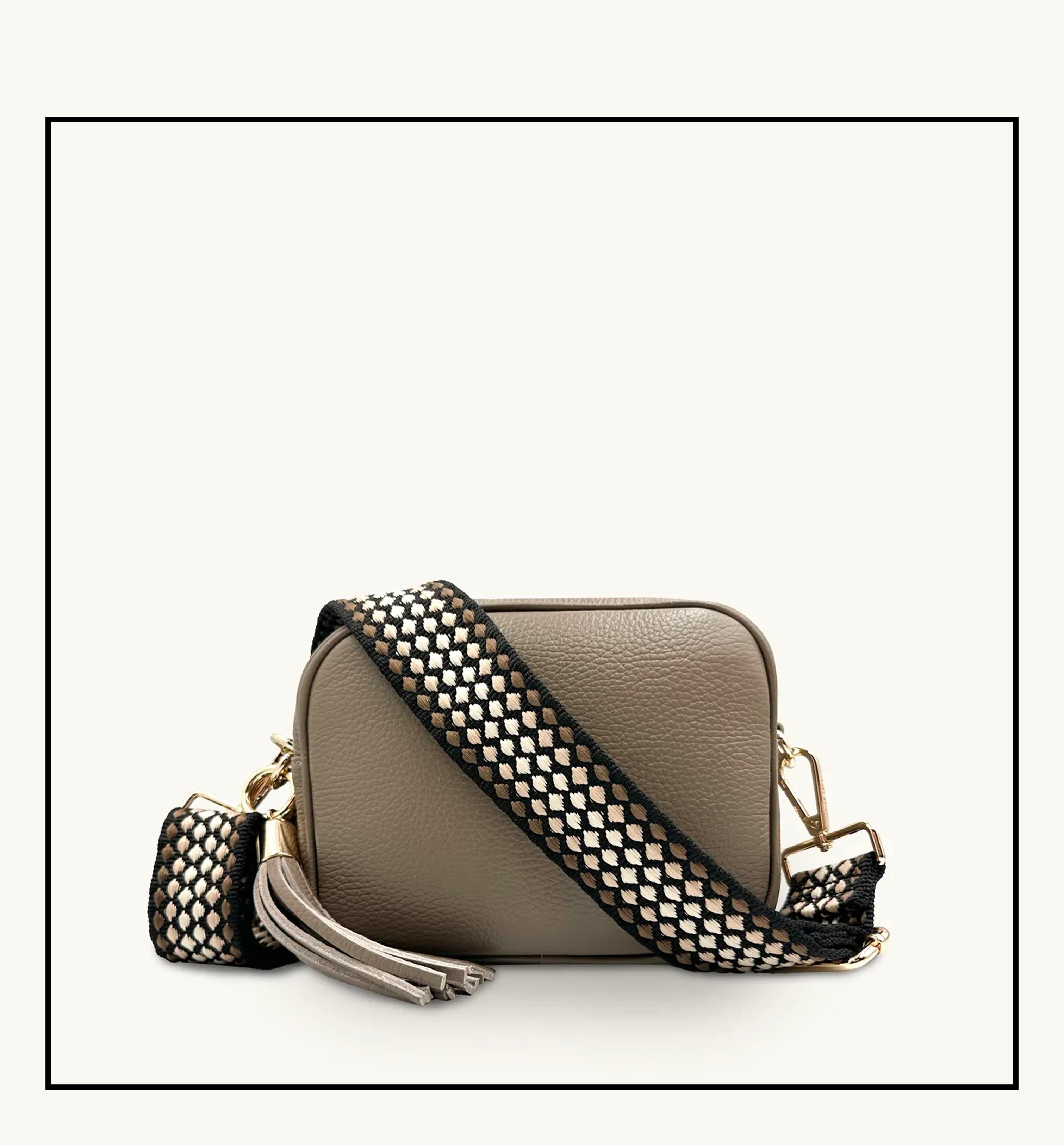 The Tassel Latte Leather Crossbody Bag With Cappuccino Dots Strap