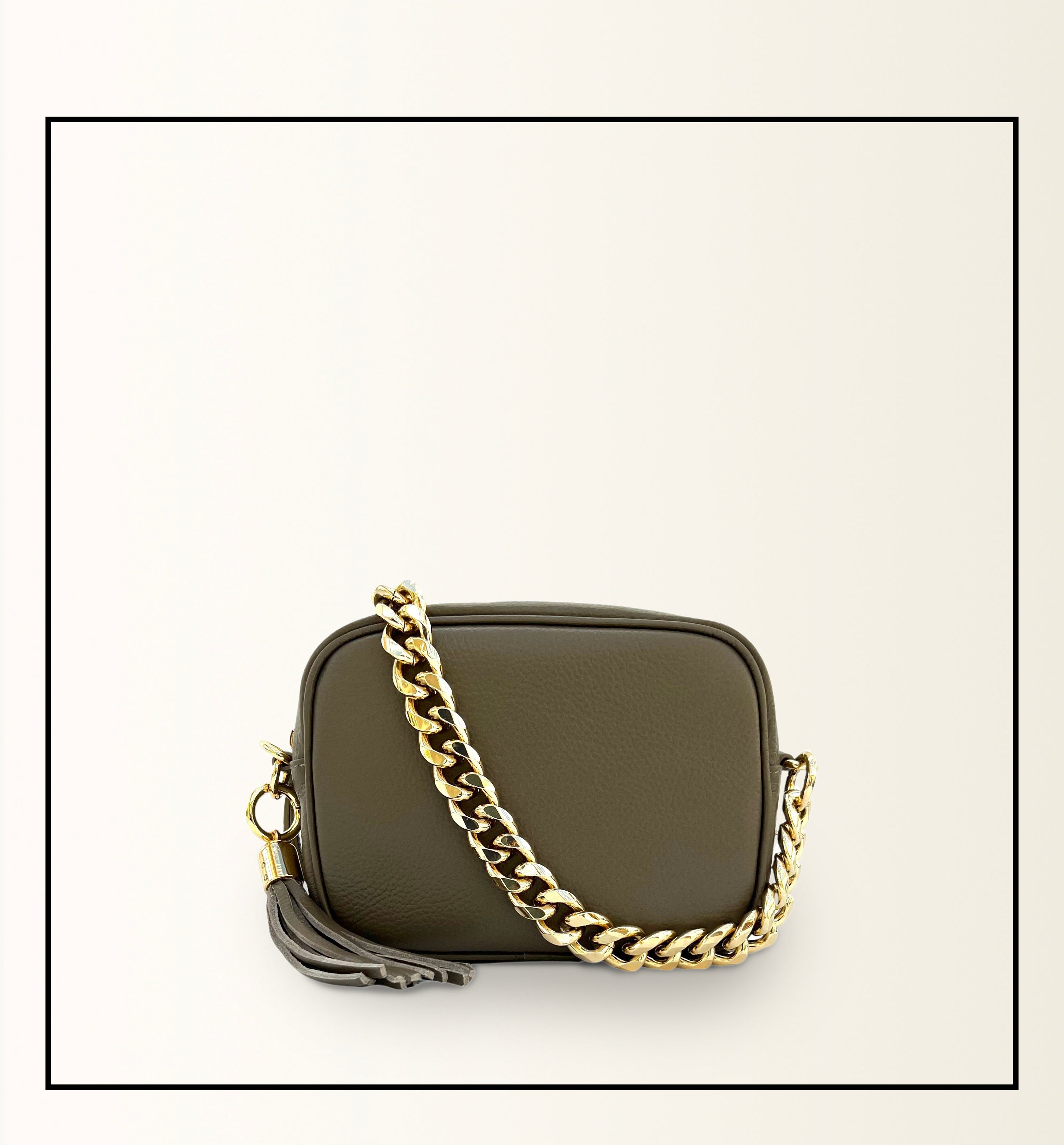 The Tassel Latte Leather Crossbody Bag With Gold Chain Strap