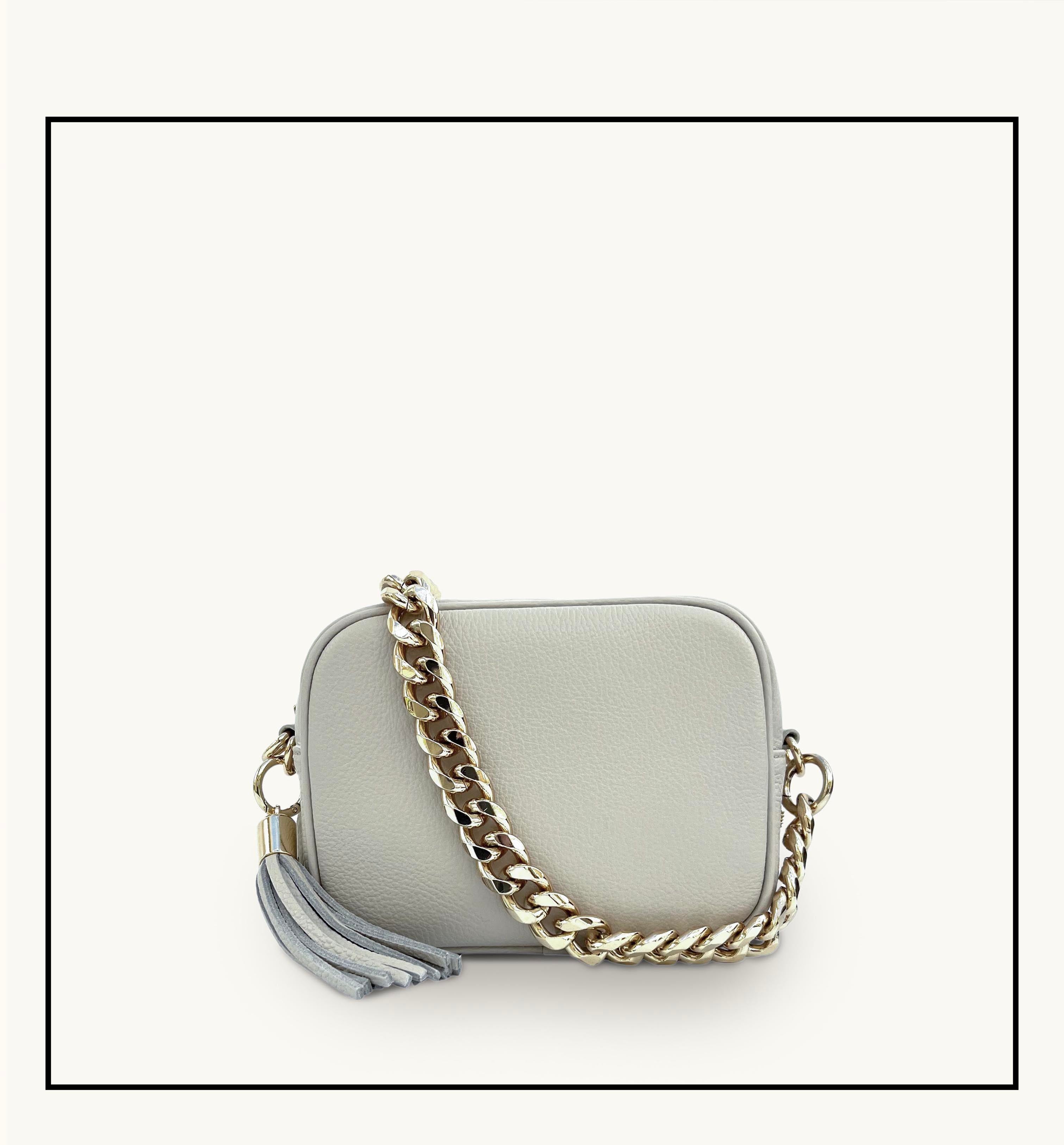 The Tassel Light Grey Leather Crossbody Bag With Gold Chain Strap