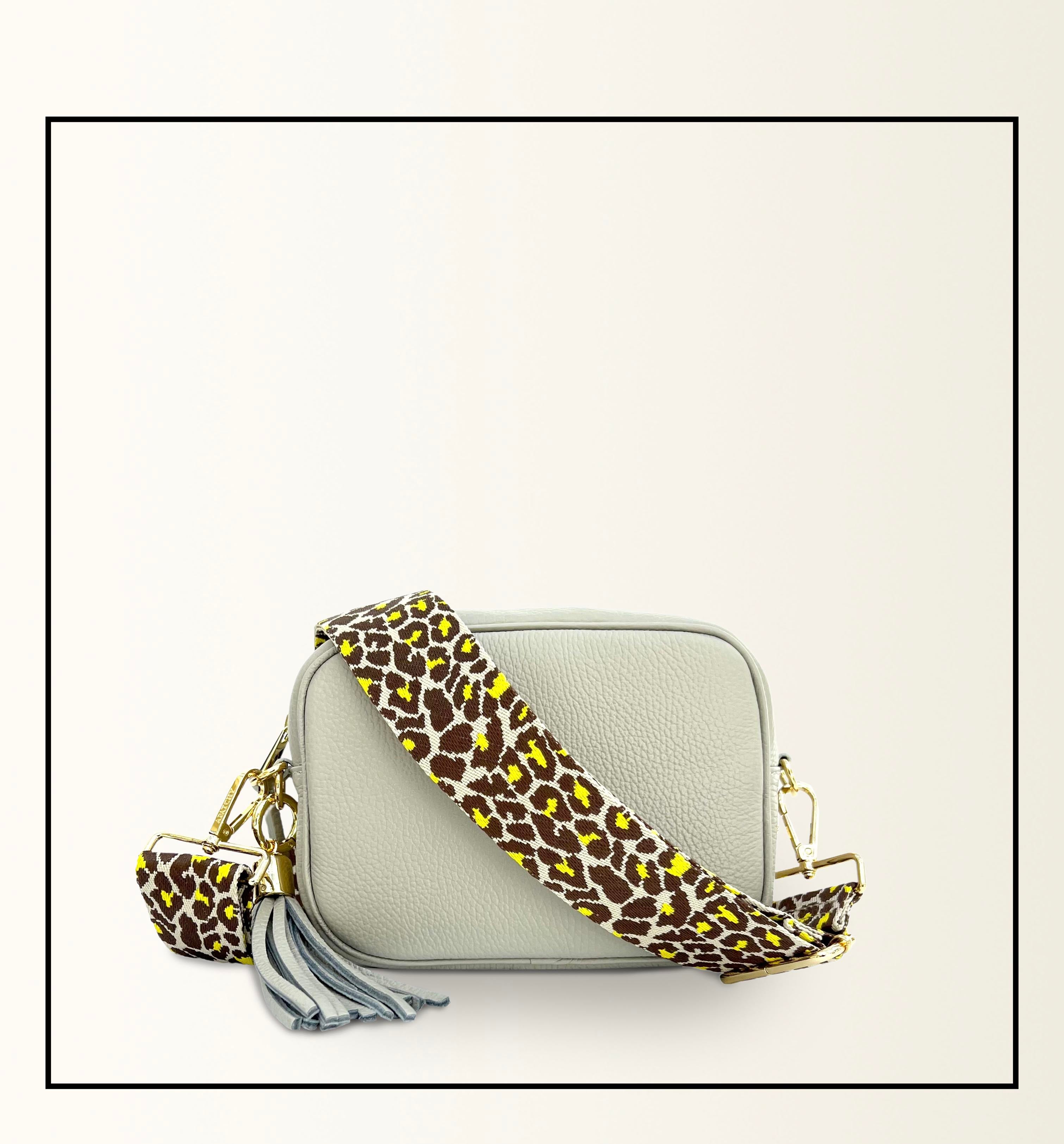 The Tassel Light Grey Leather Crossbody Bag With Lemon Cheetah Strap
