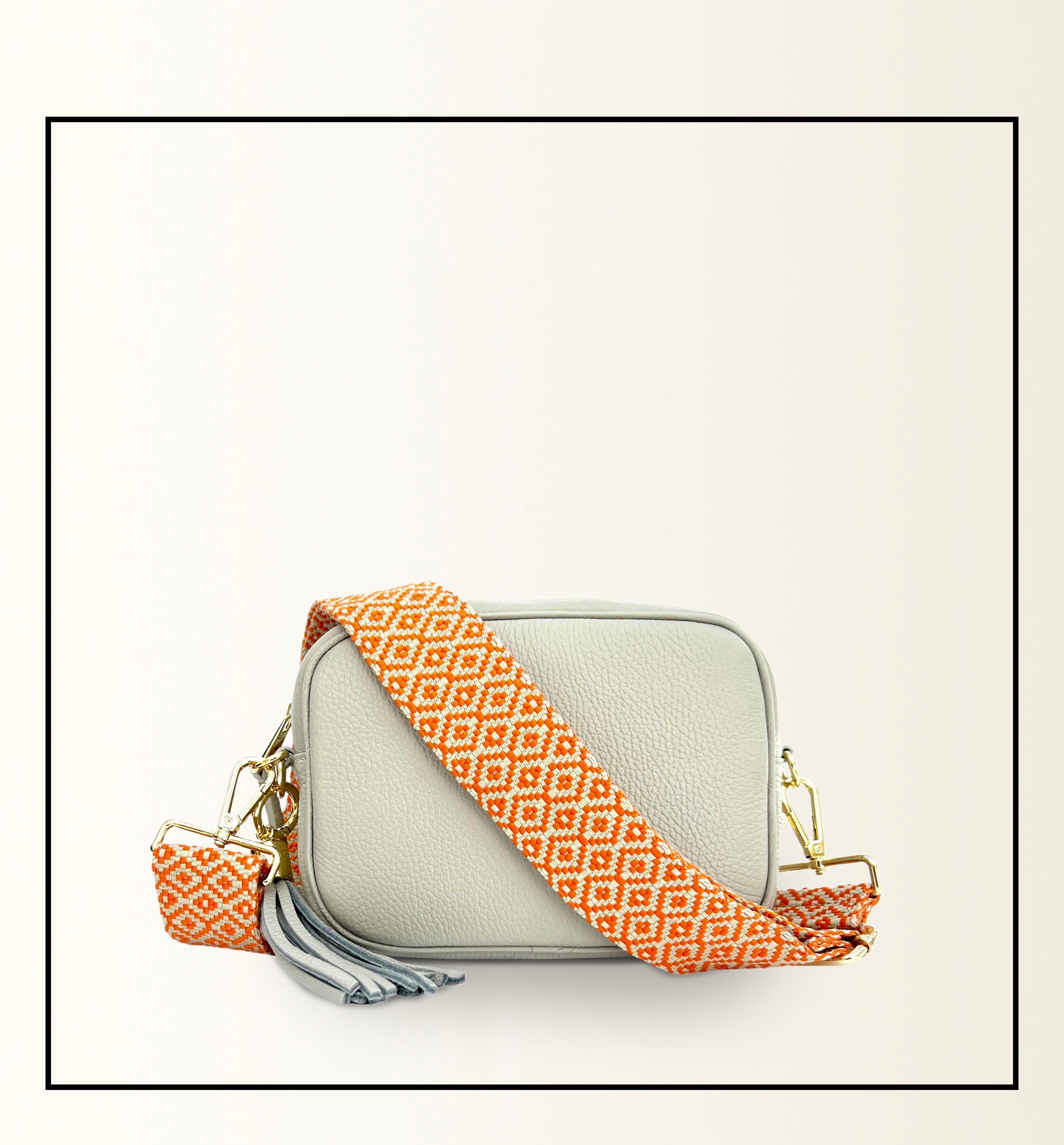 The Tassel Light Grey Leather Crossbody Bag With Orange Cross-Stitch Strap