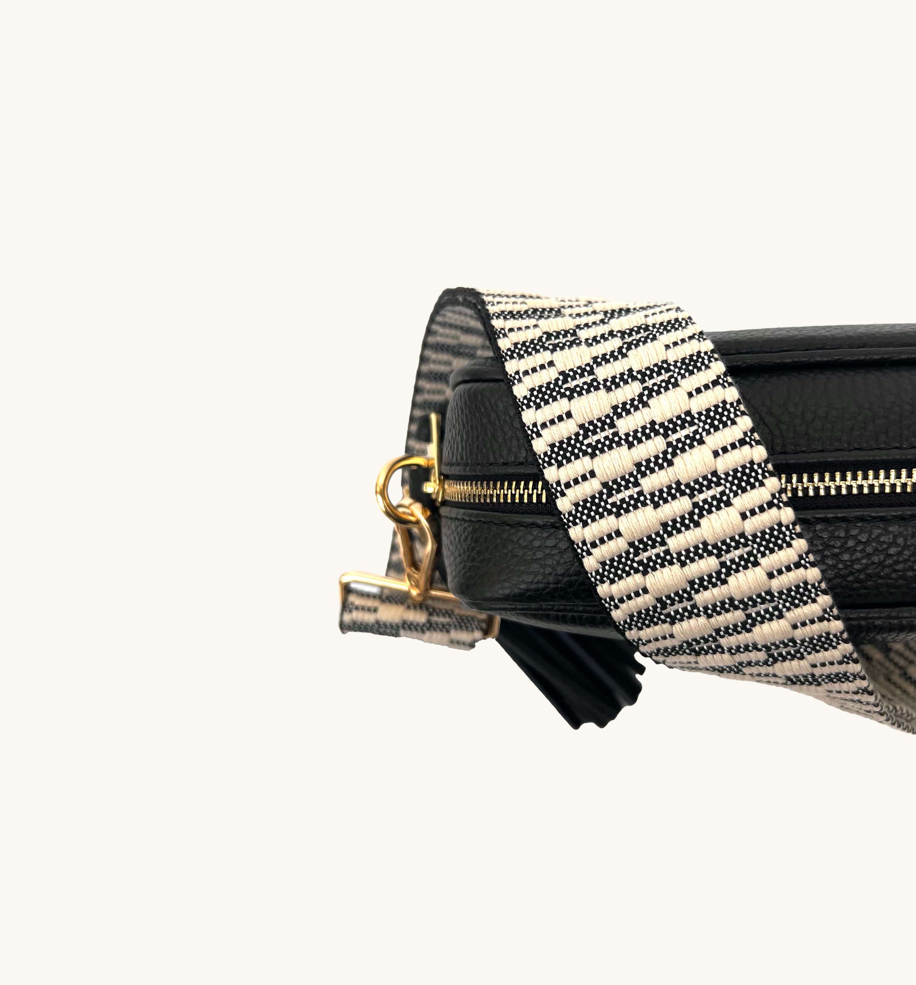 The Tassel Black Leather Crossbody Bag With Midnight Zigzag Strap