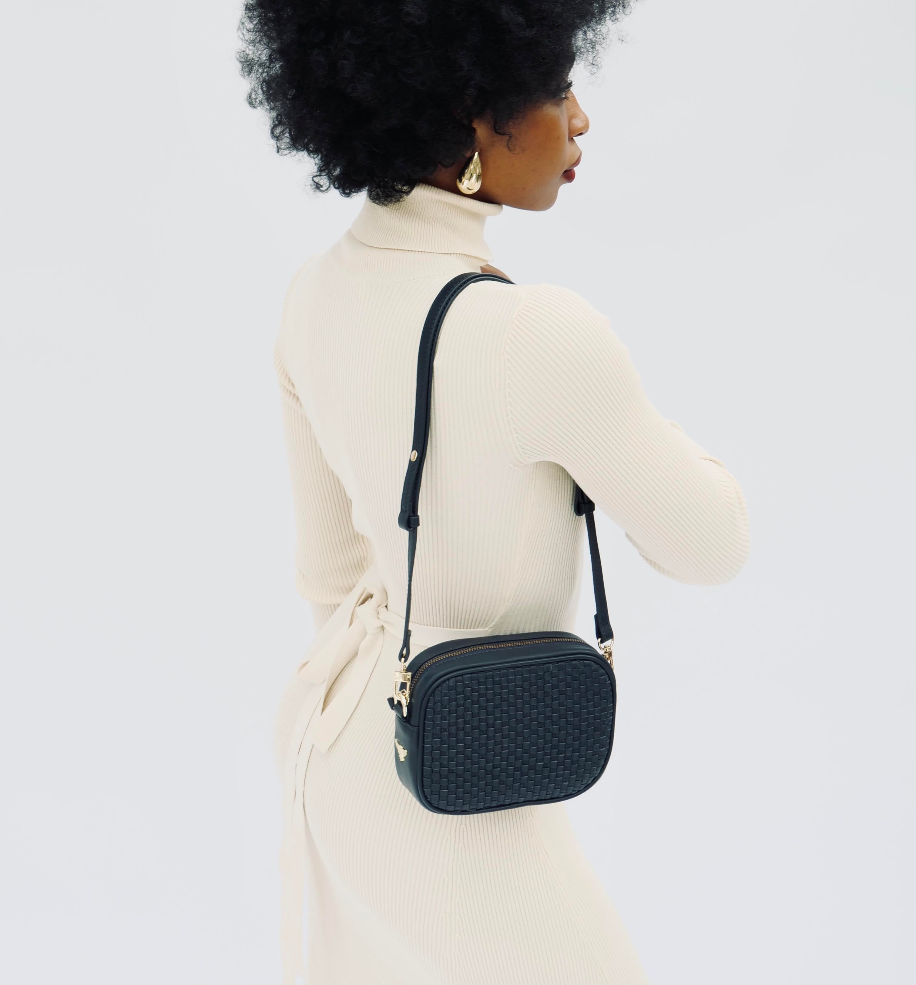 The Penelope Navy Woven Leather Camera Bag