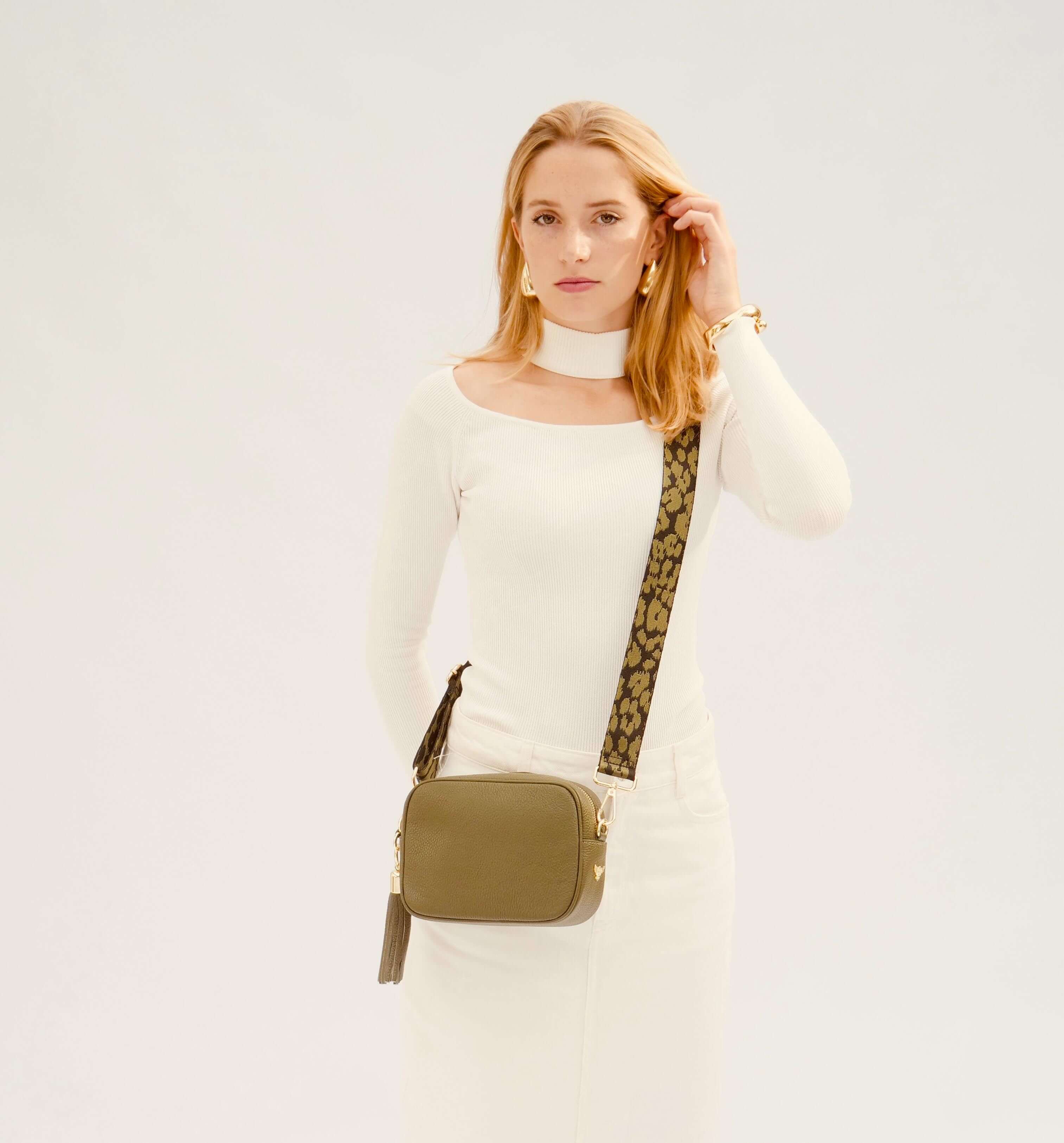 The Tassel Olive Green Leather Crossbody Bag With Olive Green Cheetah Strap