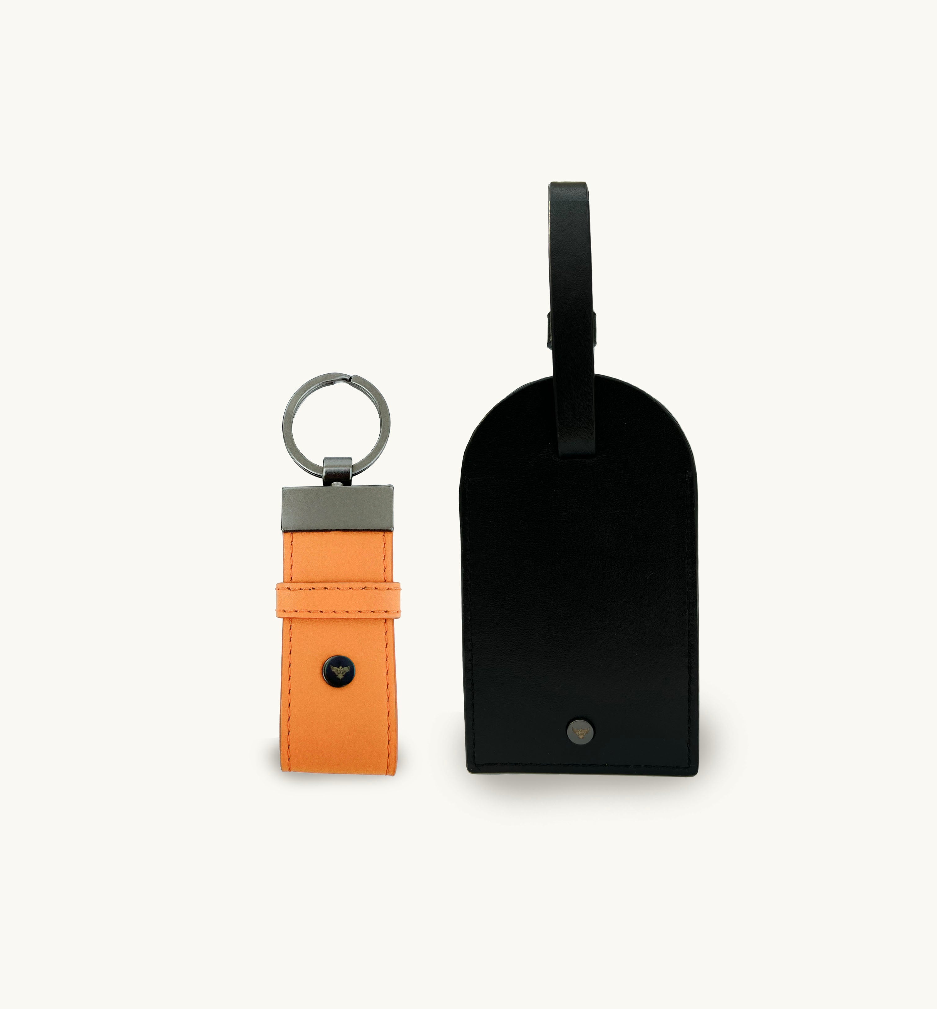 Black Leather Luggage Tag and Orange Loop Keyring Gift Set